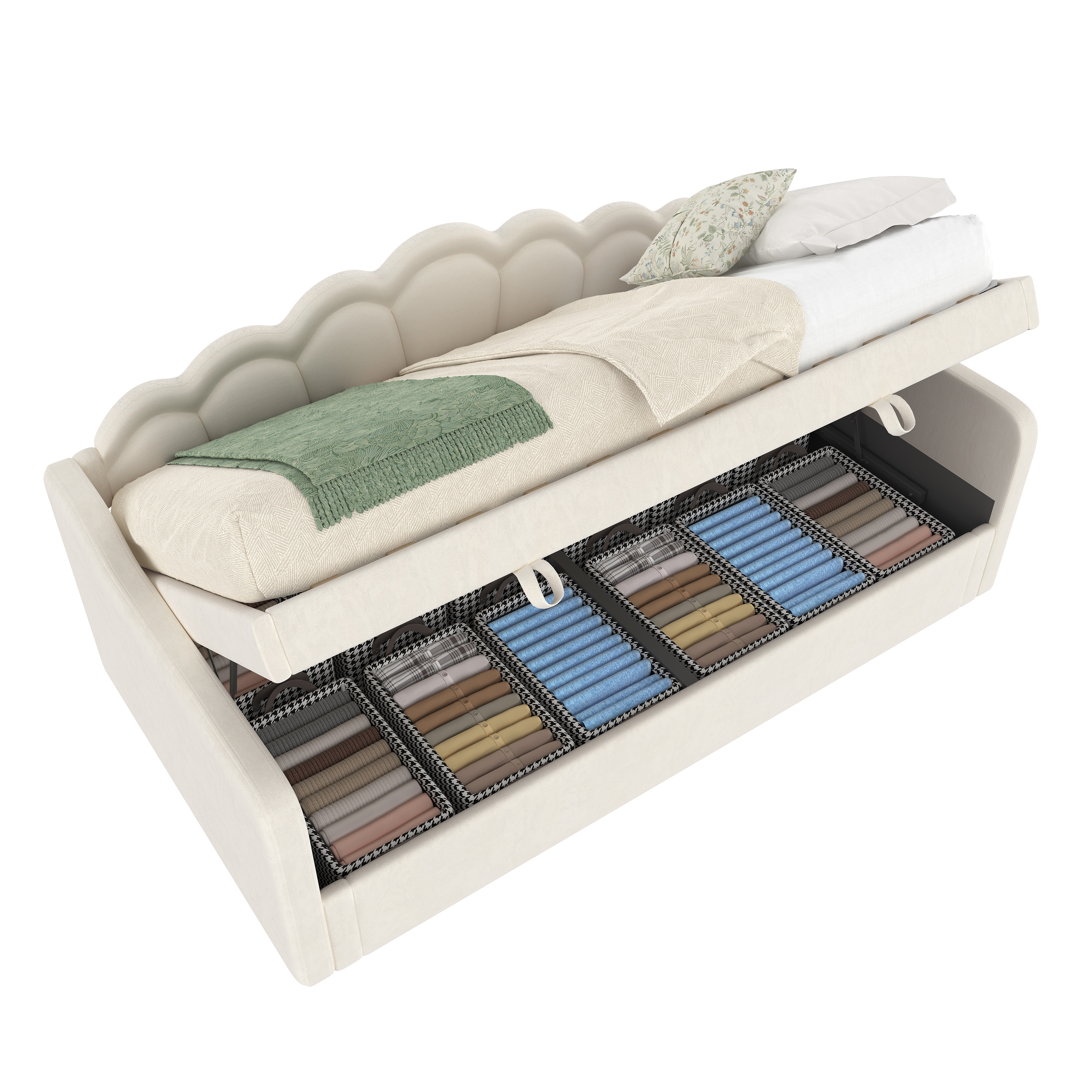 Daybed, Sofa Bed, Hydraulic Bed, With Storage Space, Single Bed Without Mattress , Velvet, Color Changeable LED Strip, 90x200cm, Beige