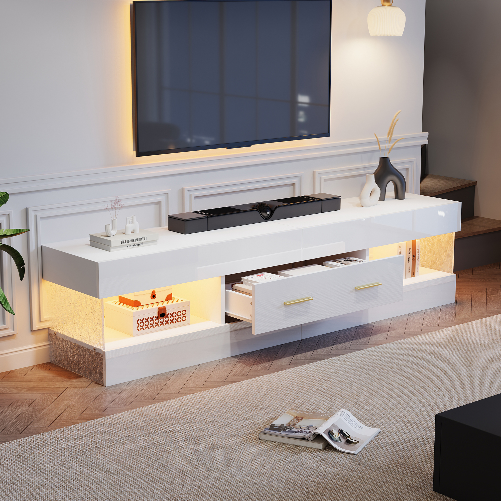 TV Cabinet With LED,TV Stand For Living Room,tv Cabinet With Open Storage And Drawers,Lowboard White With Acrylic Glass Top,152x35x40cm