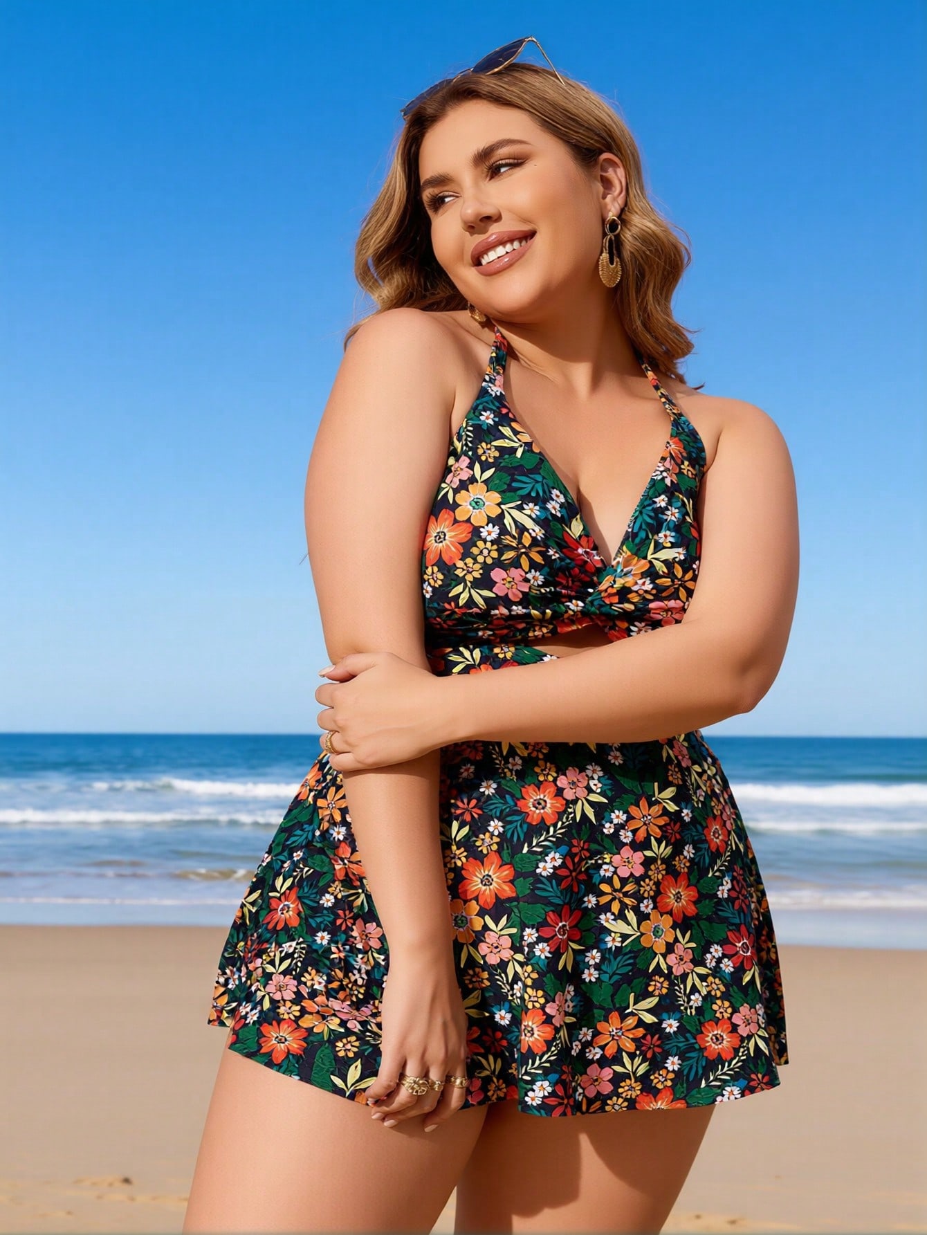 2026 New Plus Size Women's Sexy Fashion Vintage Floral Halter Twist One-Piece Swimdress For Vacation & Leisure — foto 3