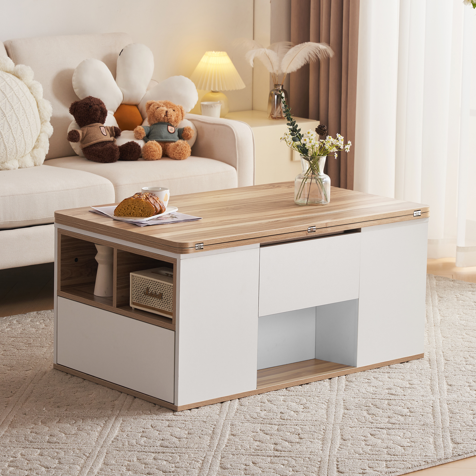 Item No. 313593594WAA Lift-top Multifunctional Coffee Table. The Tabletop Can Be Split Into Two Independent Tabletops, Finished In White And Natural Wood Tone. Large Storage Capacity, Modern Living Ro