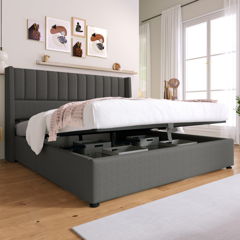 Storage Bed Upholstered Bed Hydraulic Double Bed 180x200cm, Wooden Slatted Frame, Bed With Metal Frame Bed Linen, Grey