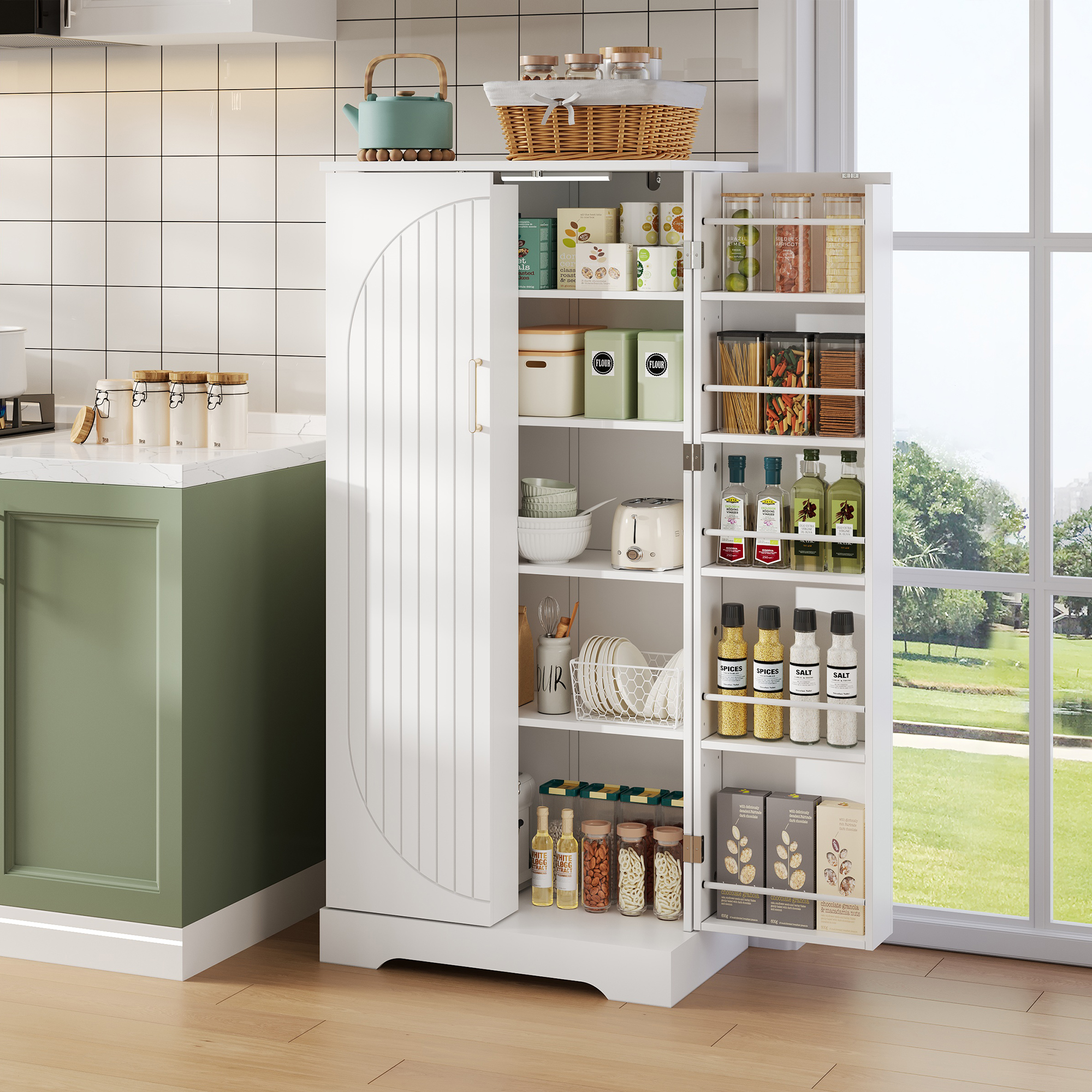 60x35x128cm, White, Multifunctional Kitchen Cabinet With LED Sensor Light, Height-adjustable Shelves, Double Door With Storage Compartment, Anti-tilt Device, Suitable For Kitchen, Living Room And Dini