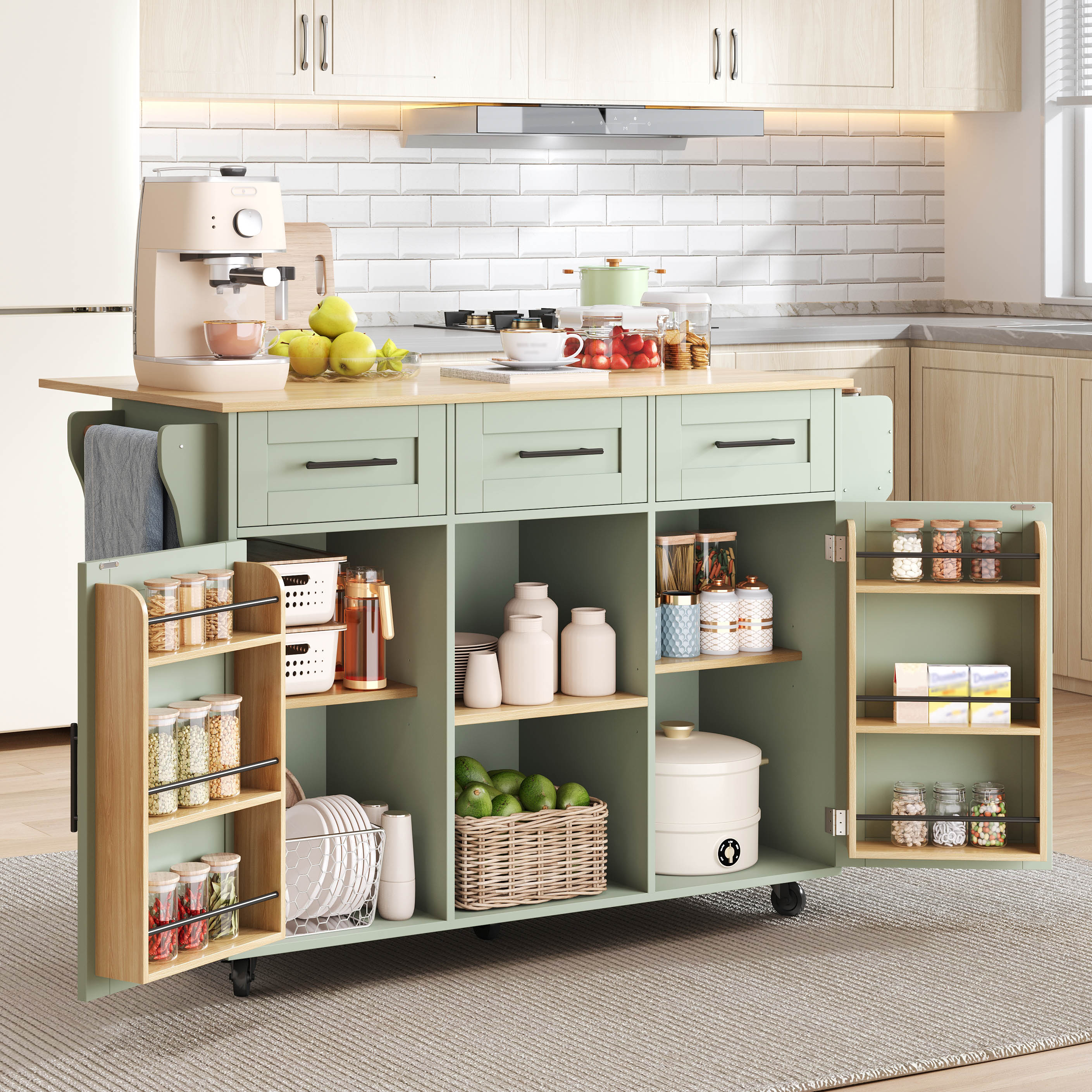 139x46 71x91,5cm Large Dining Cart Sideboard, Green Cabinet - Wooden Top, Folding Worktop, Storage Door, Rollers, Exchangeable Solid Wood Feet, Suitable For Dining Room, Kitchen