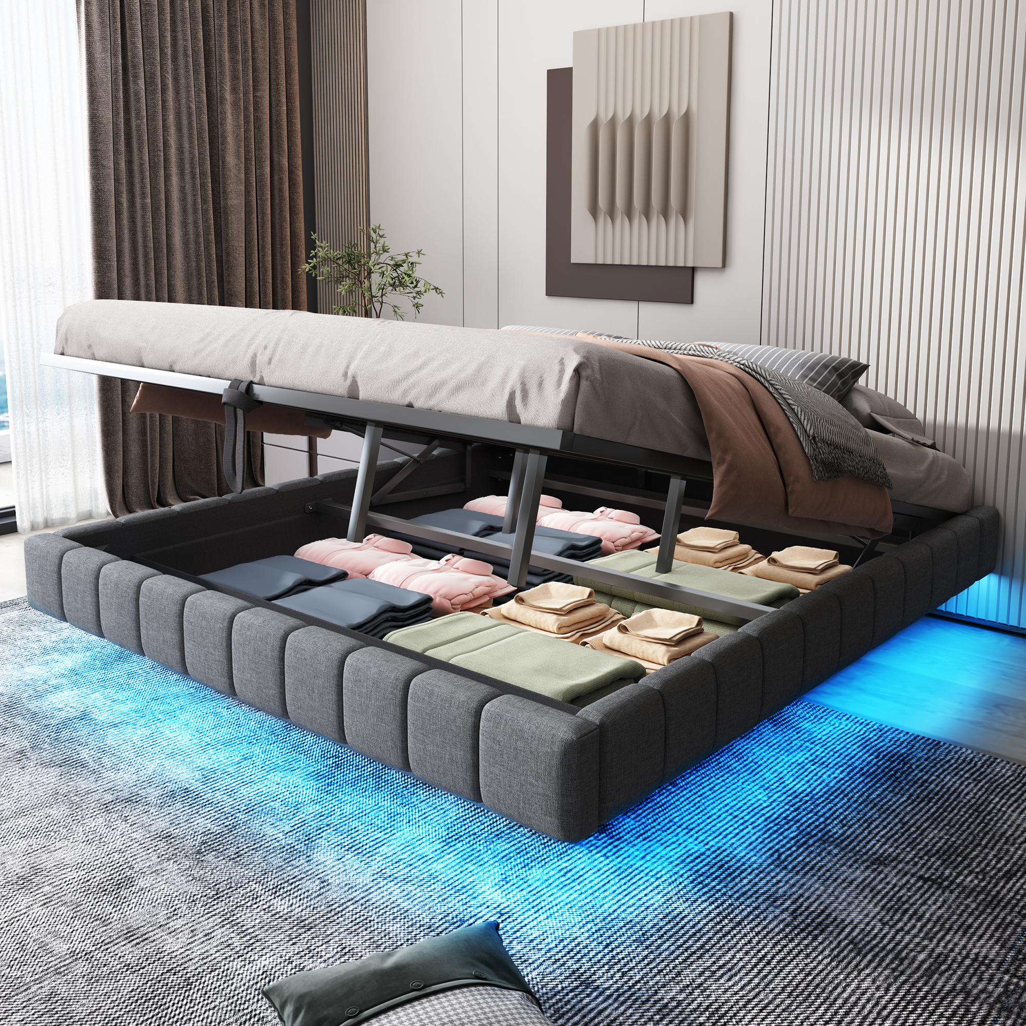 Upholstered Bed 180x200 Cm, Hydraulic Floating Bed Frame With Storage Space, Multifunctional Upholstered Bed Without Headboard With LED Light, Linen Grey