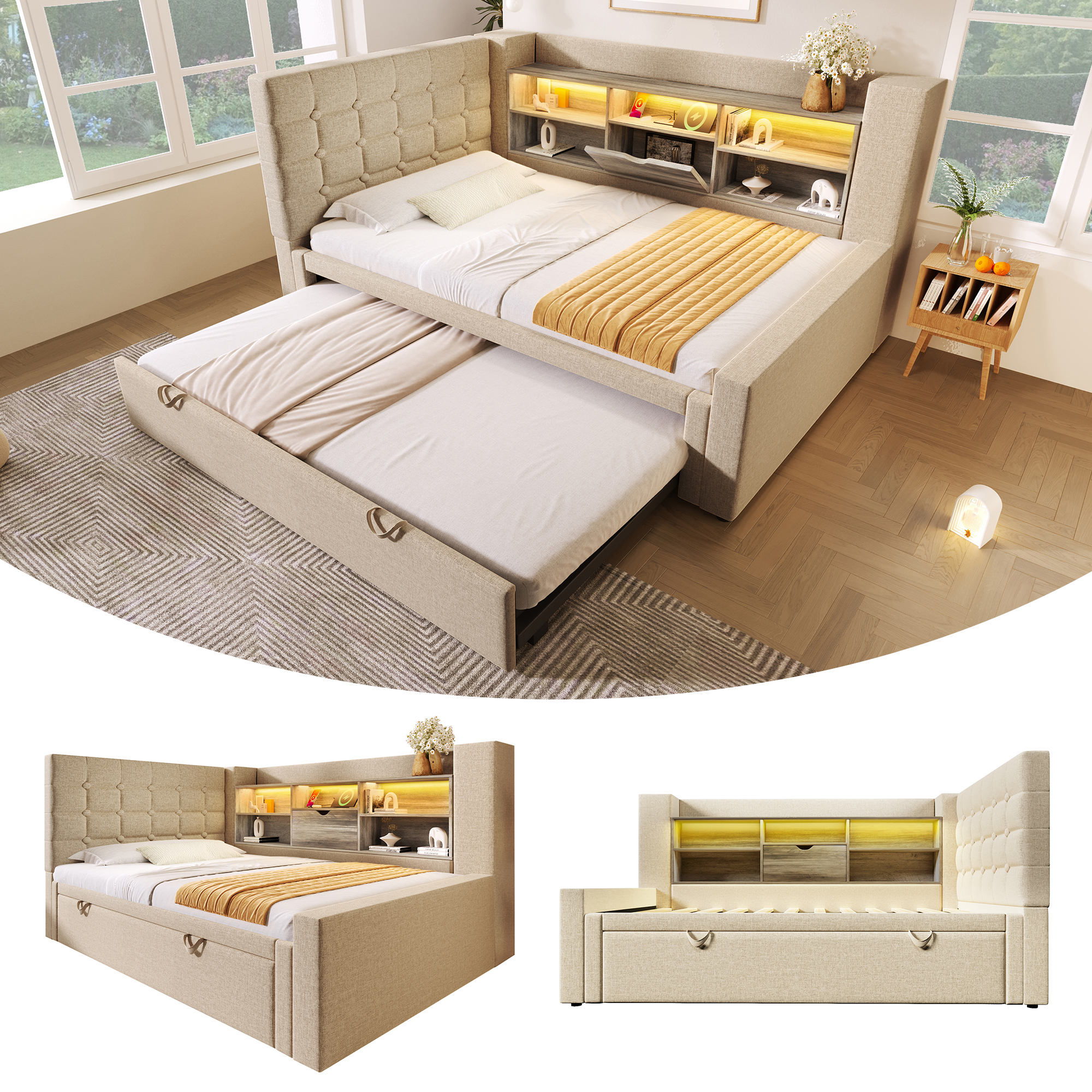 Upholstered Bed Bed 90x200 Cm With Pull-out Bed 90x190, And LED Lighting, Struraum Bed, L-shaped Headboard With Storage Space, Can Be Mounted On Both Sides, Slatted Base, Linen, Beige  Without Mattres