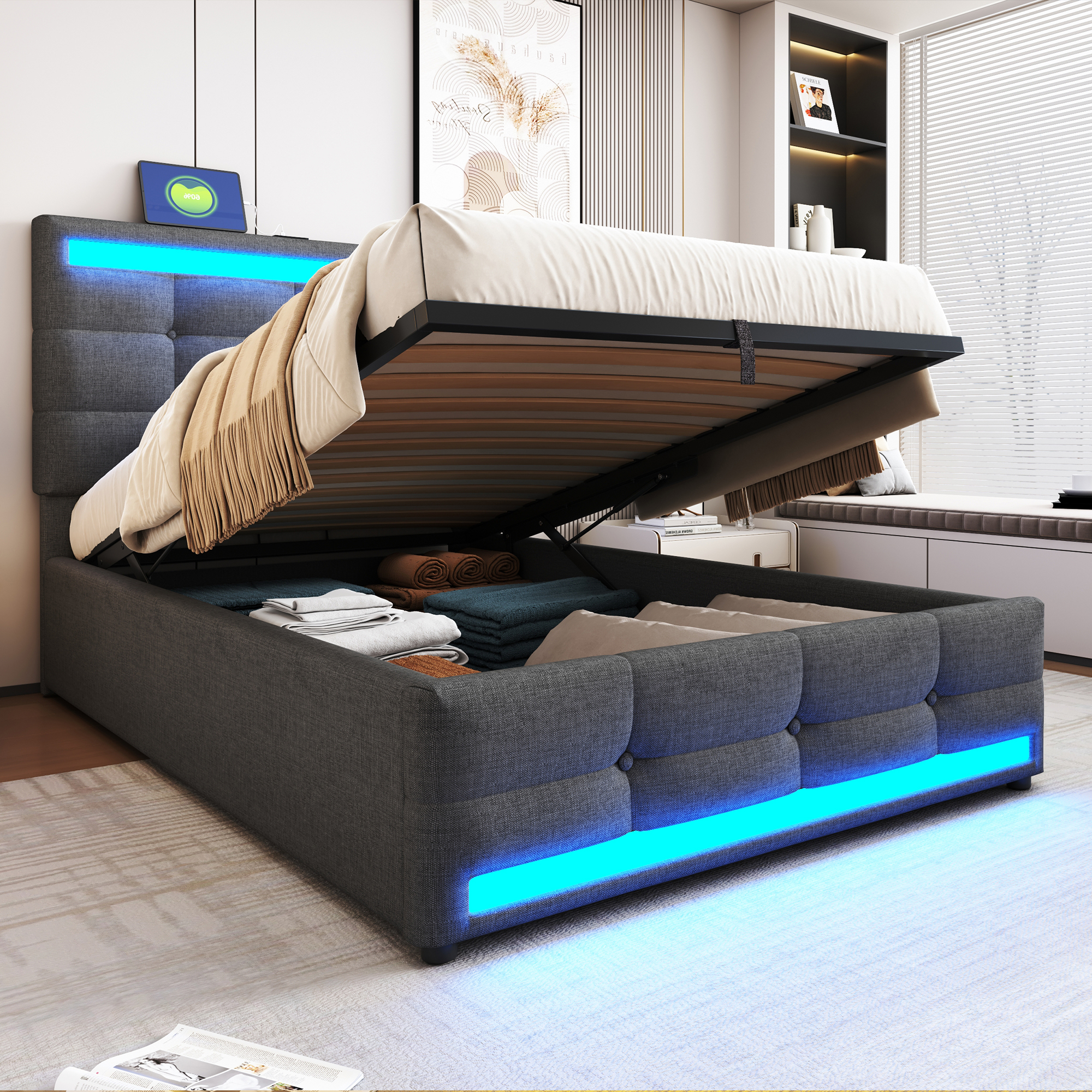 Upholstered Bed 90x200 Hydraulic Storage Crib With USB And Color Changing LED Light Strip, Gray Linen Single Bed 2