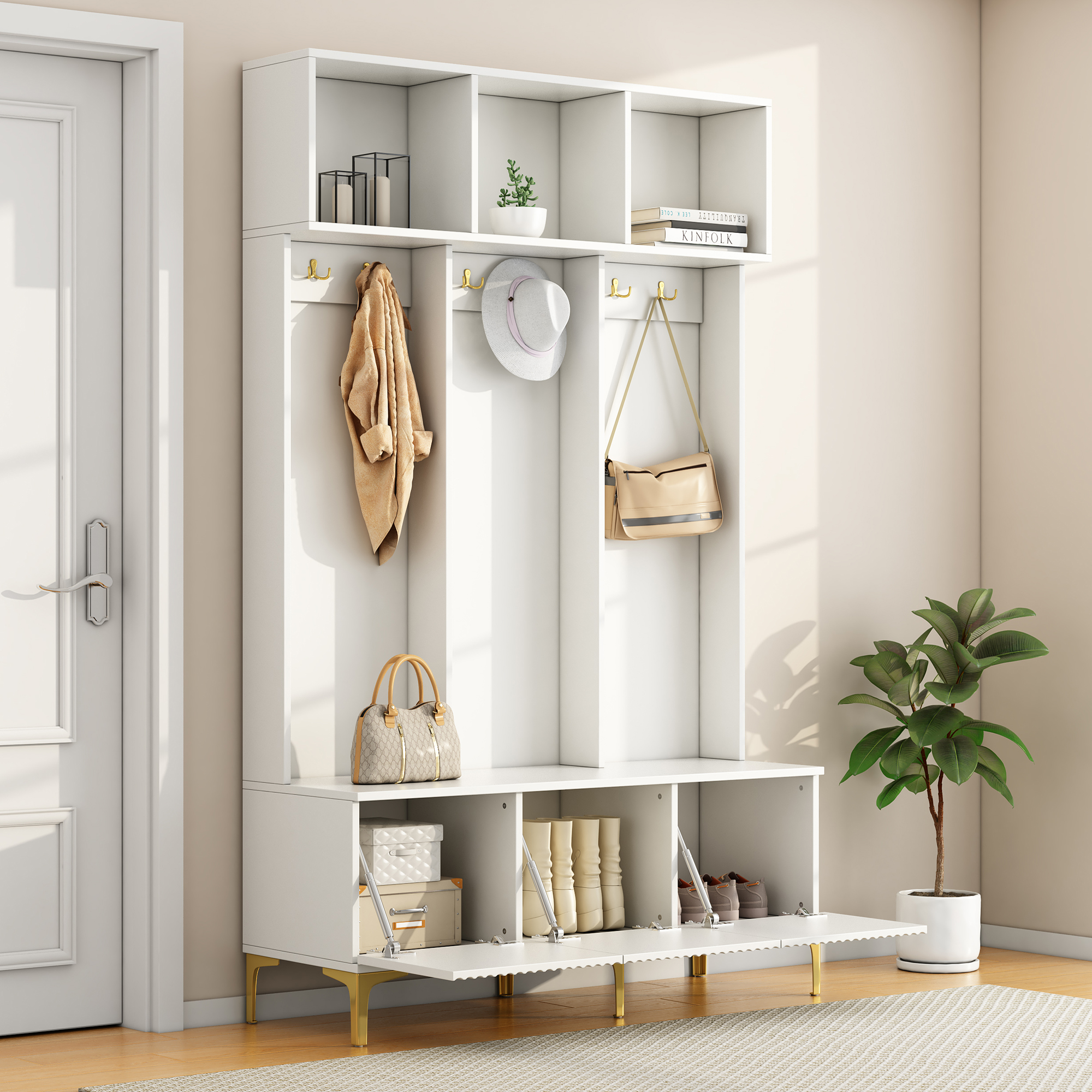 Ensemble de manteaux avec banc, rangement multifonctionnel, rangement ouvert, 6 dorés