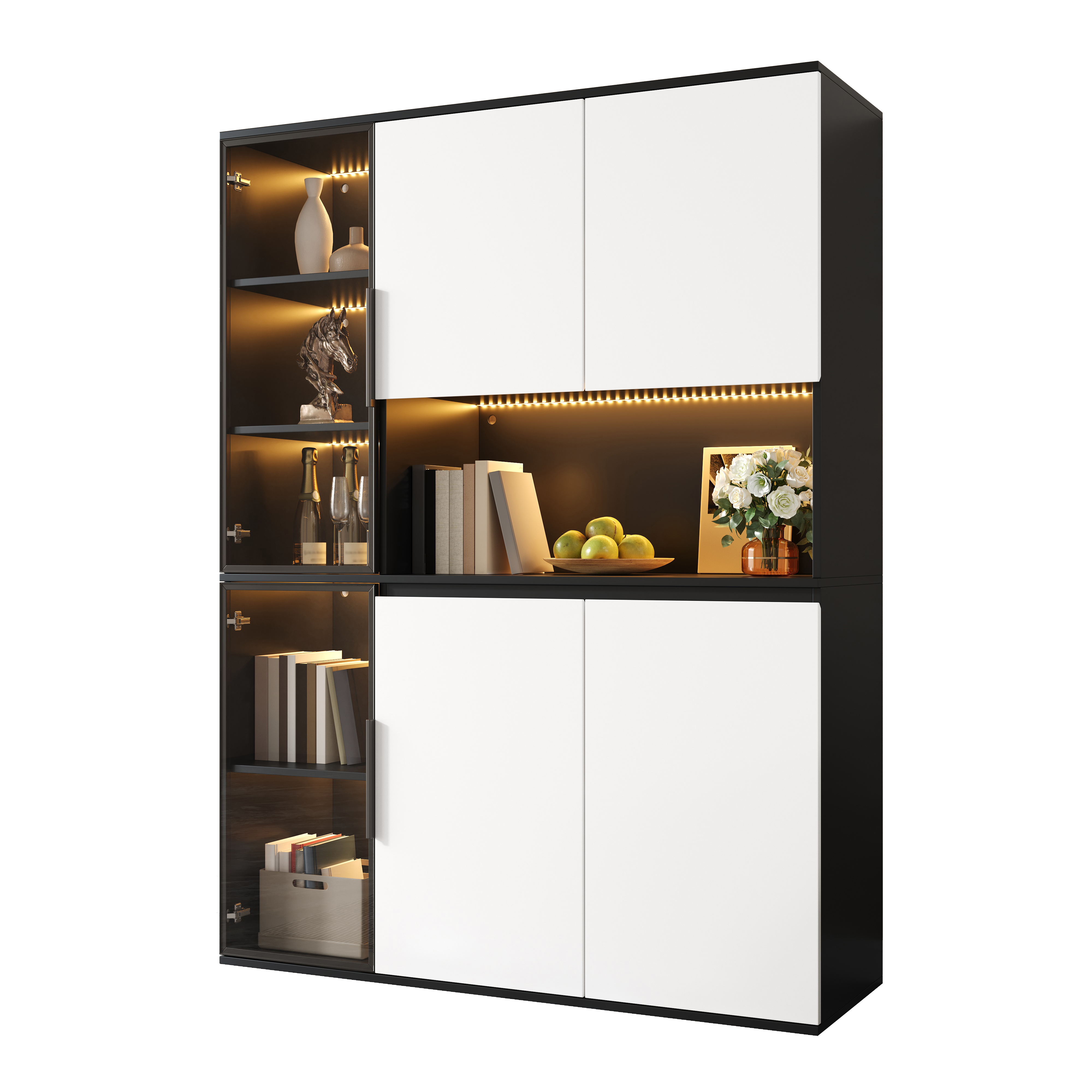 Tall Cabinet, Display Cabinet, Highboard, Sideboard, Black And White Look, Glass Elements, Integrated LED Lights, MDF Body, Spacious Storage Space, Dining Room Cabinet, Living Room Cabinet