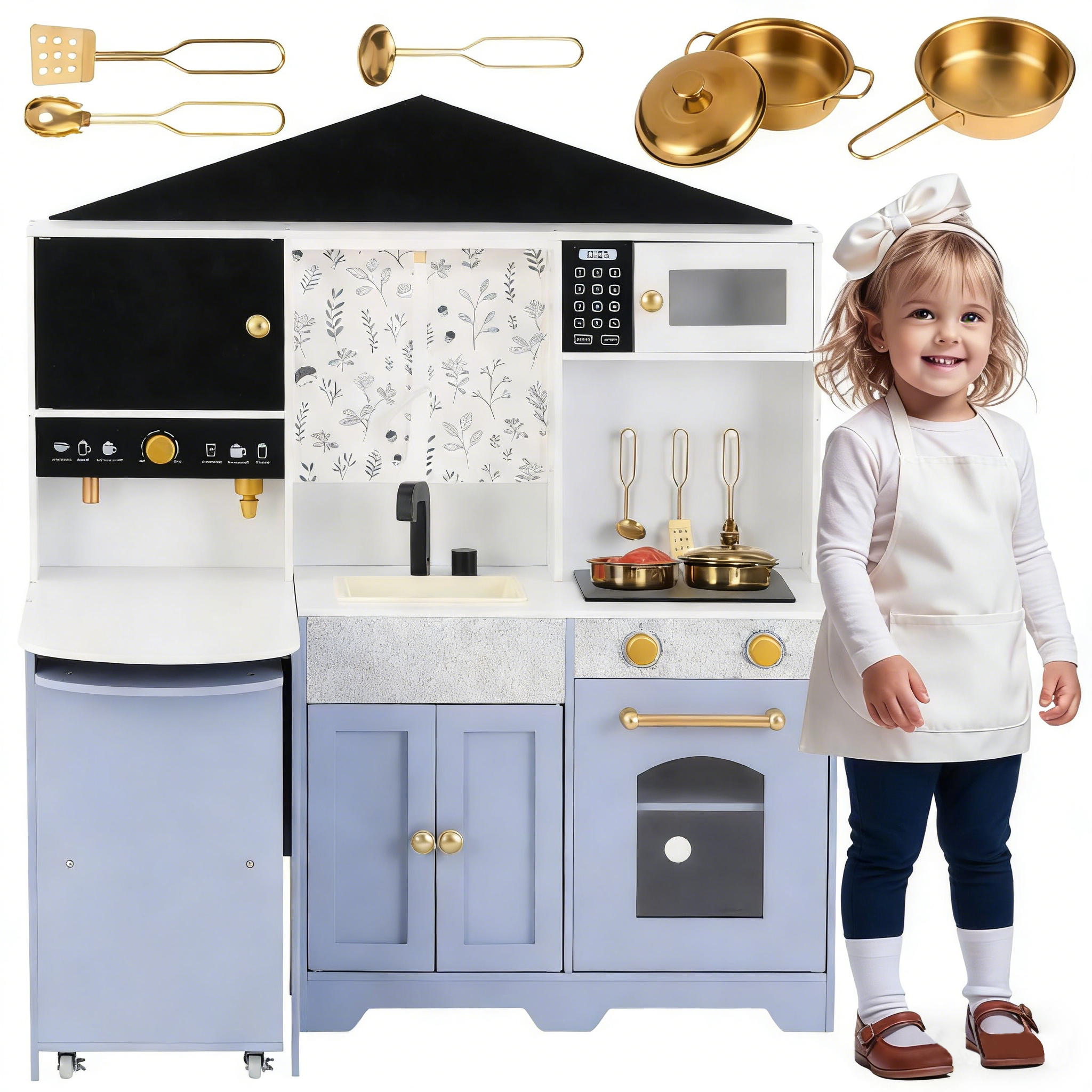Children's Kitchen, Play Kitchen - Creative House Design, Accessories And Surprise Effects, Suitable For Children Aged 3 And Up, Wood  Plastic, White 