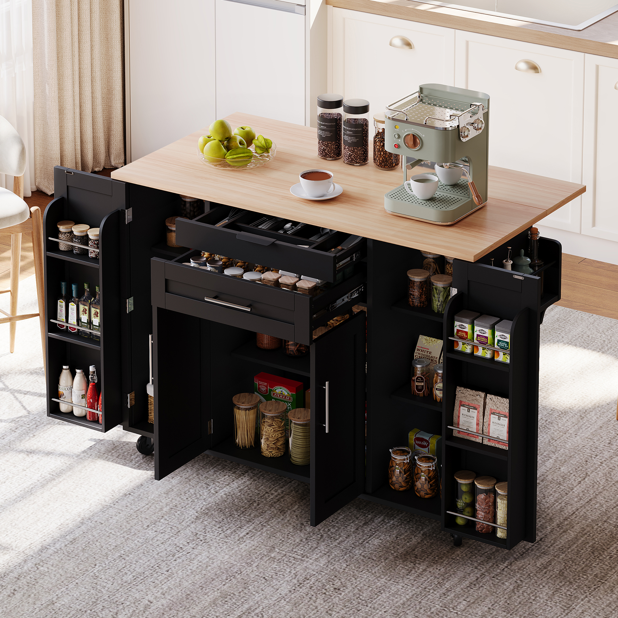 Îlot de Cuisine Mobile 120×45cm avec Plan de Travail Extensible