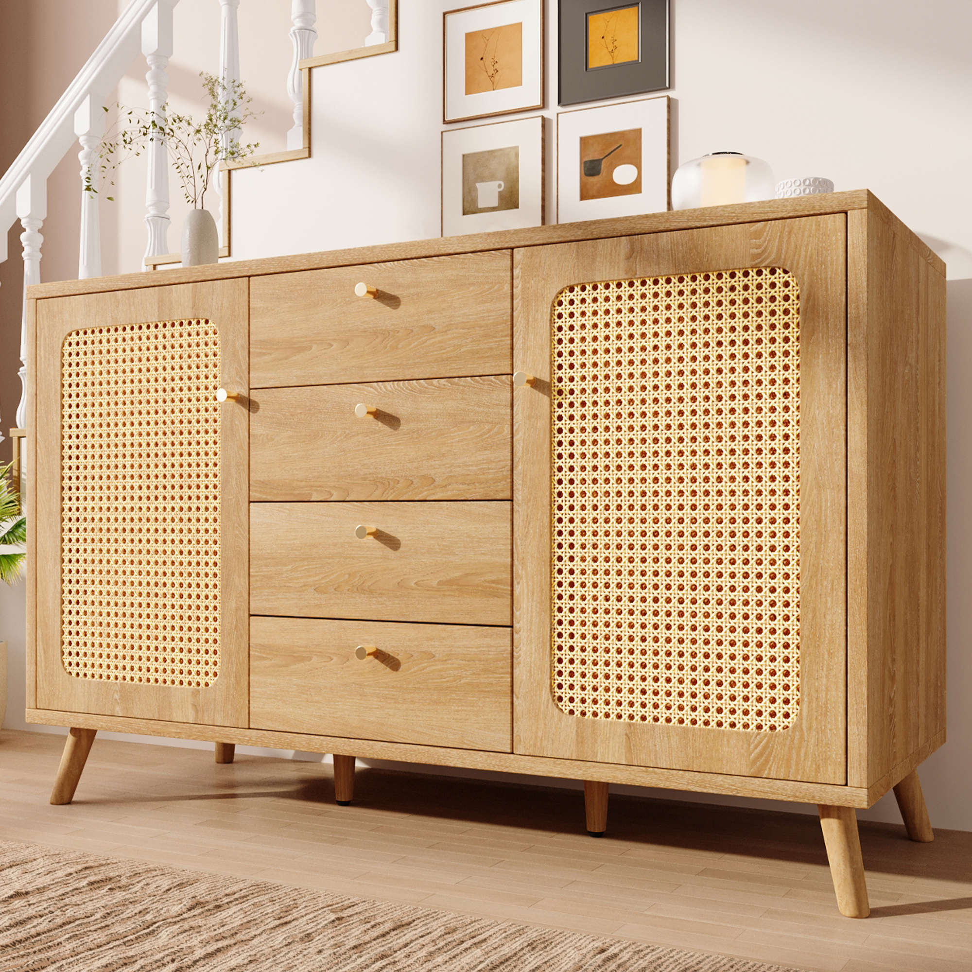 Sideboard Chest Of Drawers With 4 Drawers And 2 Doors Storage Cabinet In Rattan Look With Adjustable Shelves For Living Room Dining Room Hallway Light Oak, W140  D40  H8