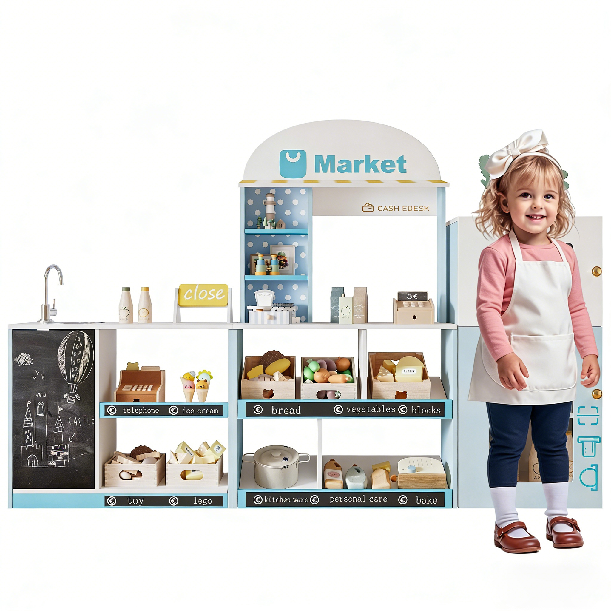 Children's Toy Shop, With Shelves, Refrigerator, Advertising Signs, Writable Chalkboard, Side Counter And Tap, Educational Toy For Children Aged 3 And