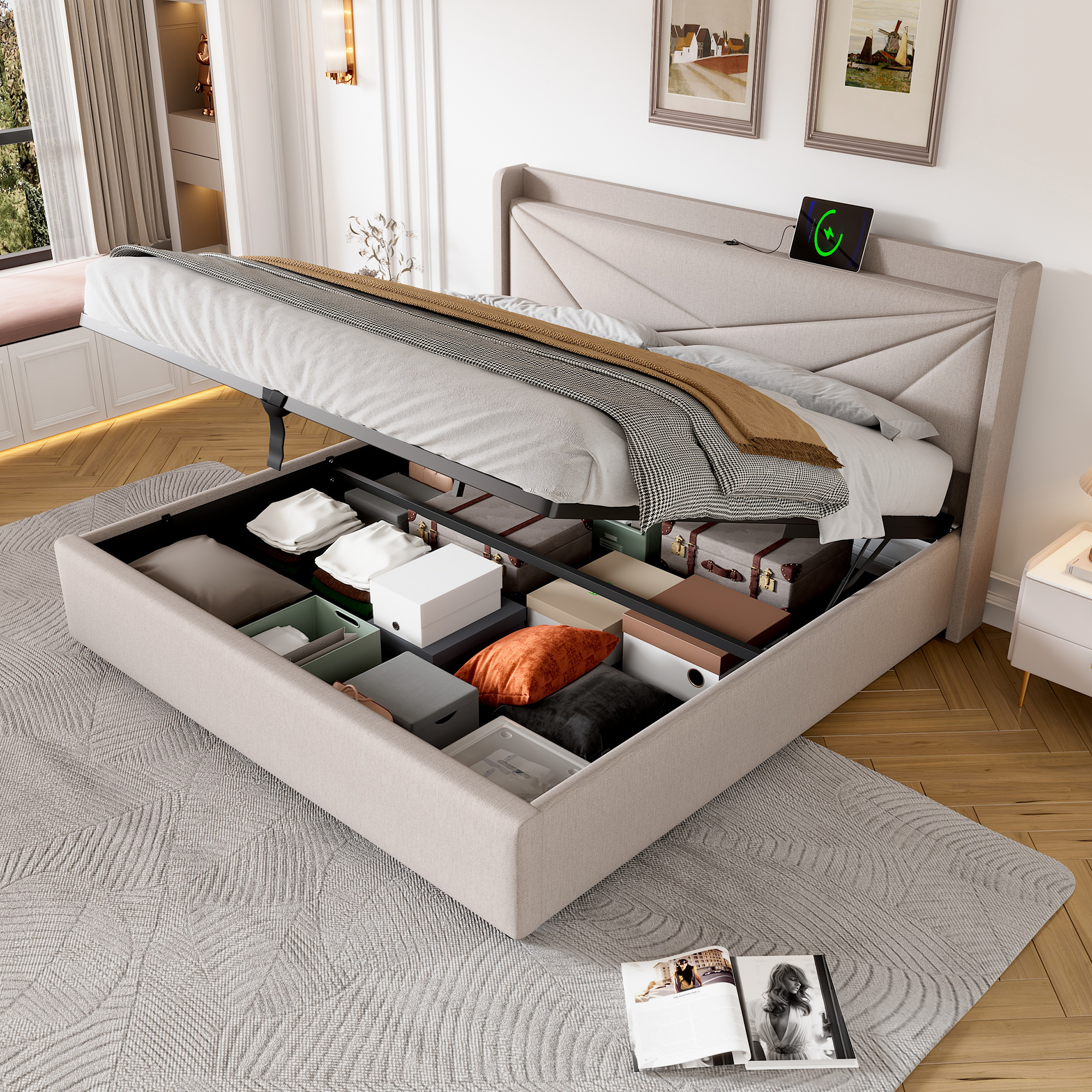 Upholstered Bed Double Bed Storage Bed Box With USB Type C Charging Function Headboard,Storage Beds Bed Frame Made Of Linen Material Youth Bed Bed 160x200 With Slatted Base  Without Mattress