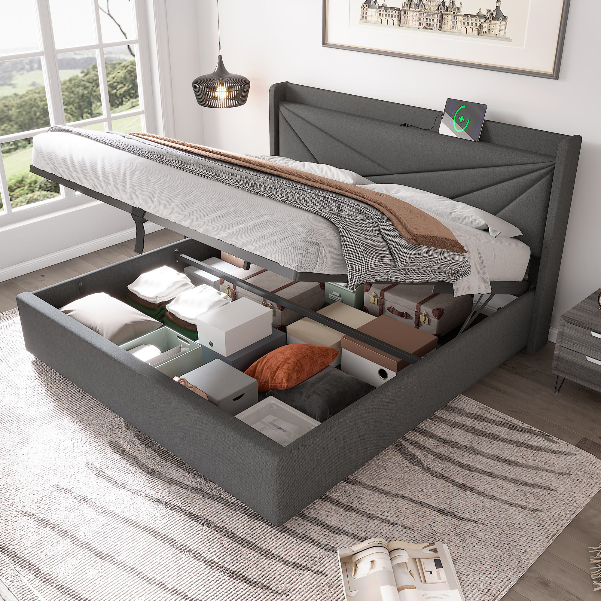 Upholstered Bed Double Bed Storage Bed Box With USB Type C Charging Function Headboard,Storage Beds Bed Frame Made Of Linen Material Youth Bed Bed 160x200 With Slatted Base  Without Mattress