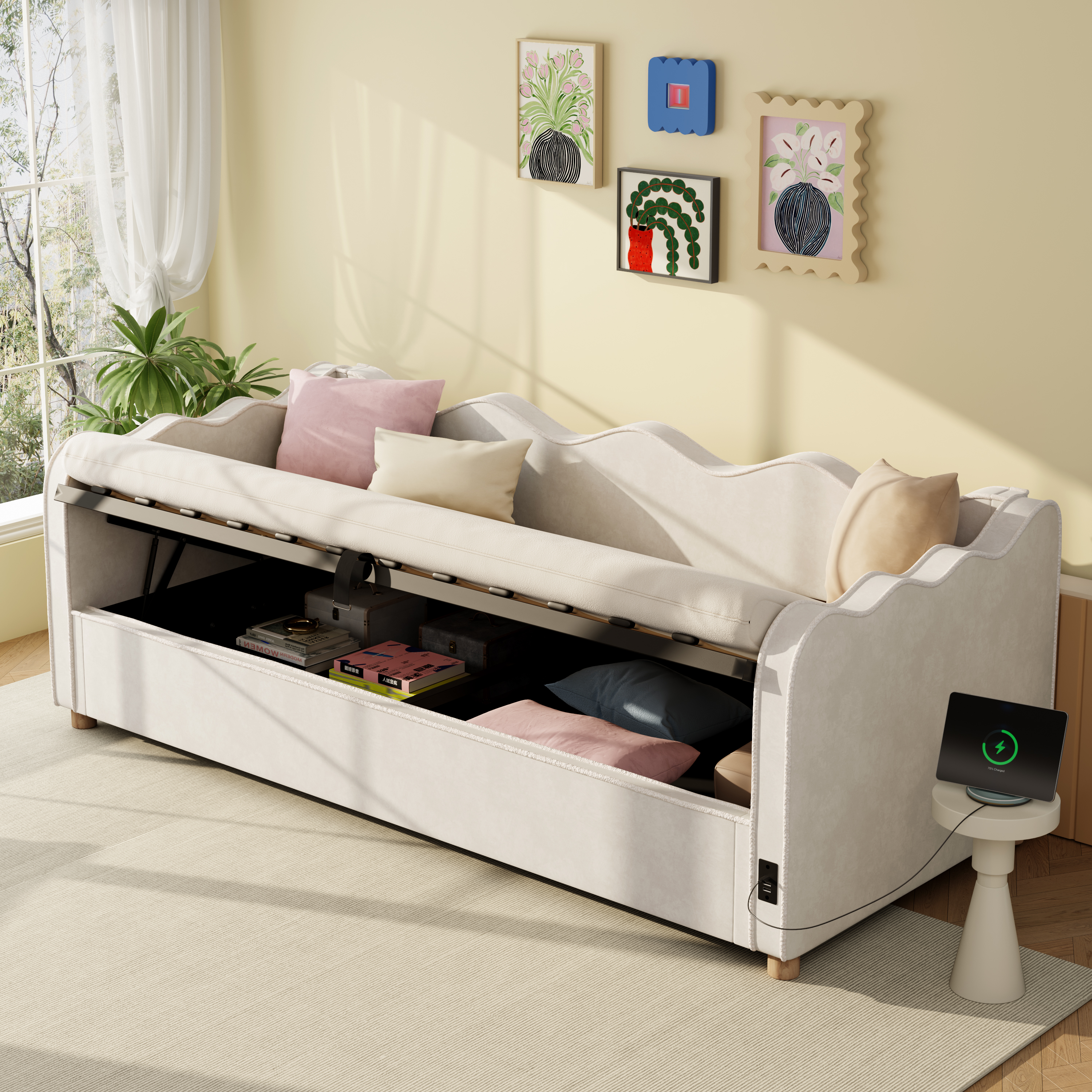 Daybed 90x200 Cm With Hydraulic Storage, Upholstered Bed, Daybed, Sofa Bed With USB & Backrest, Velvet, Beige 2
