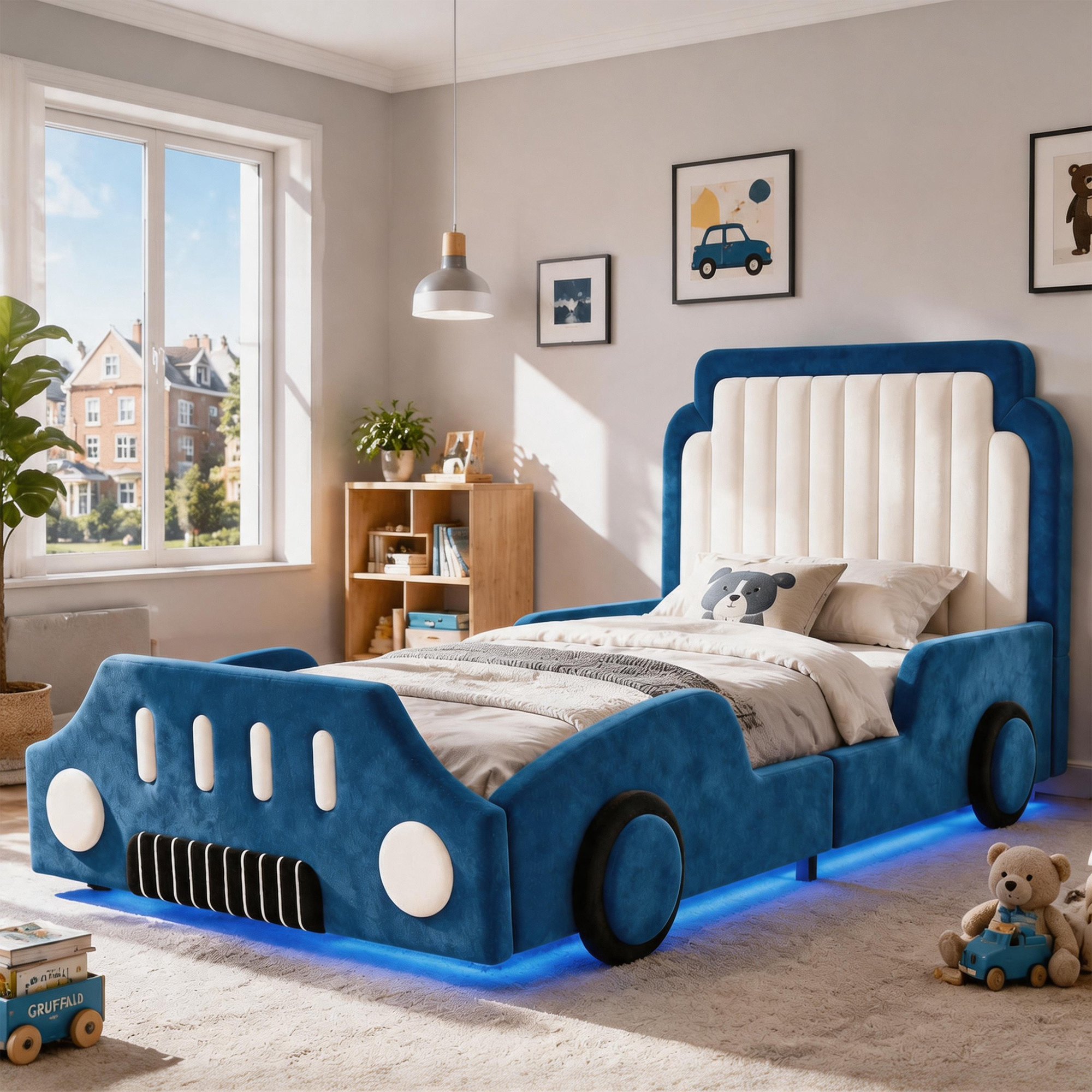 Children's Bed 90 X 200cm, Upholstered Bed, Single Bed, Car-shaped Design, With Protective Railing, With LED, Velvet, Blue 5