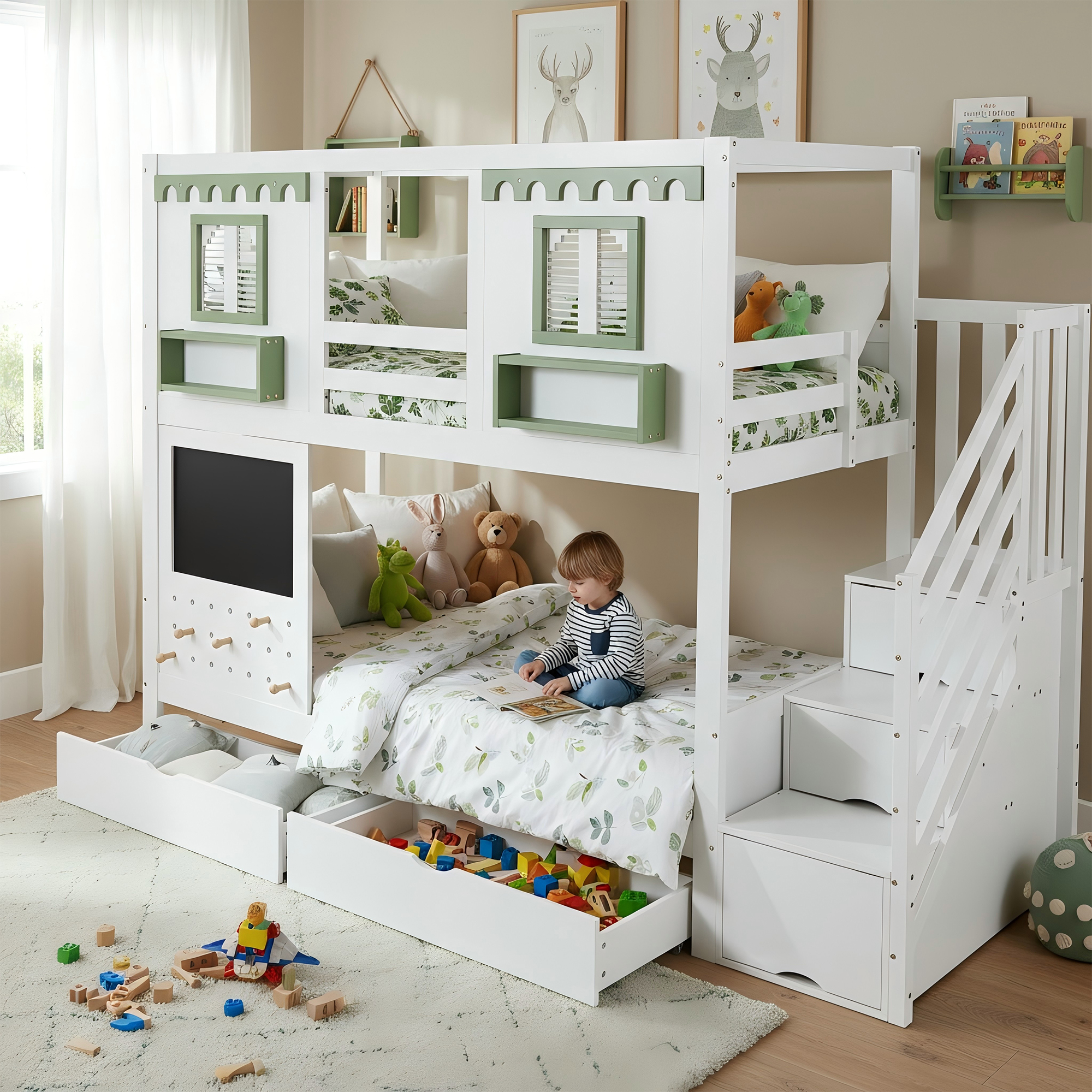 Bunk Bed, Cot, With Small Perforated Board Area  5 Wooden Hooks Supplied, Two Drawers, With Stair Storage Cabinet, Pine  MDF  Plywood, White Green, 90x200cm