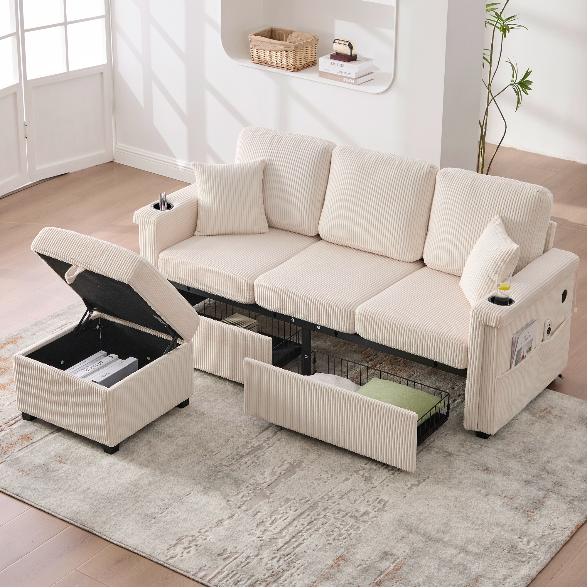 High-quality Velvet Sofa With LED Lighting & USB-C Port, Including Storage Footboard, Practical Cup Holders And Side Pockets  Premium Quality For The Living Room, Bedroom Or Office.