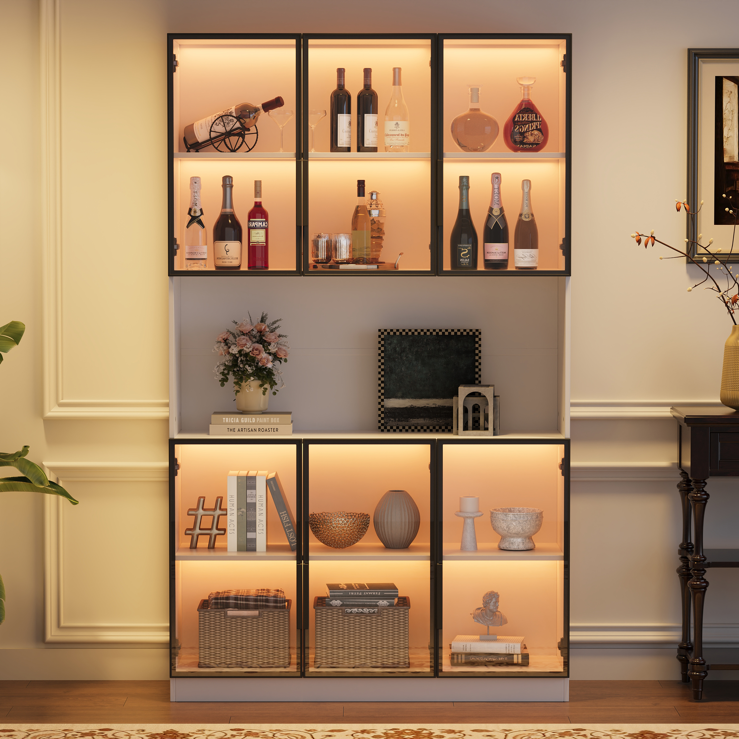 120x34x200cm Display Cabinet, Standing Display Case With 6 Cabinet Doors, Outdoor Storage Area, Tall Cabinet, Glass Display Case With LED, Living Room Cabinet 120cm Wide, Multifunction Cabinet, Large