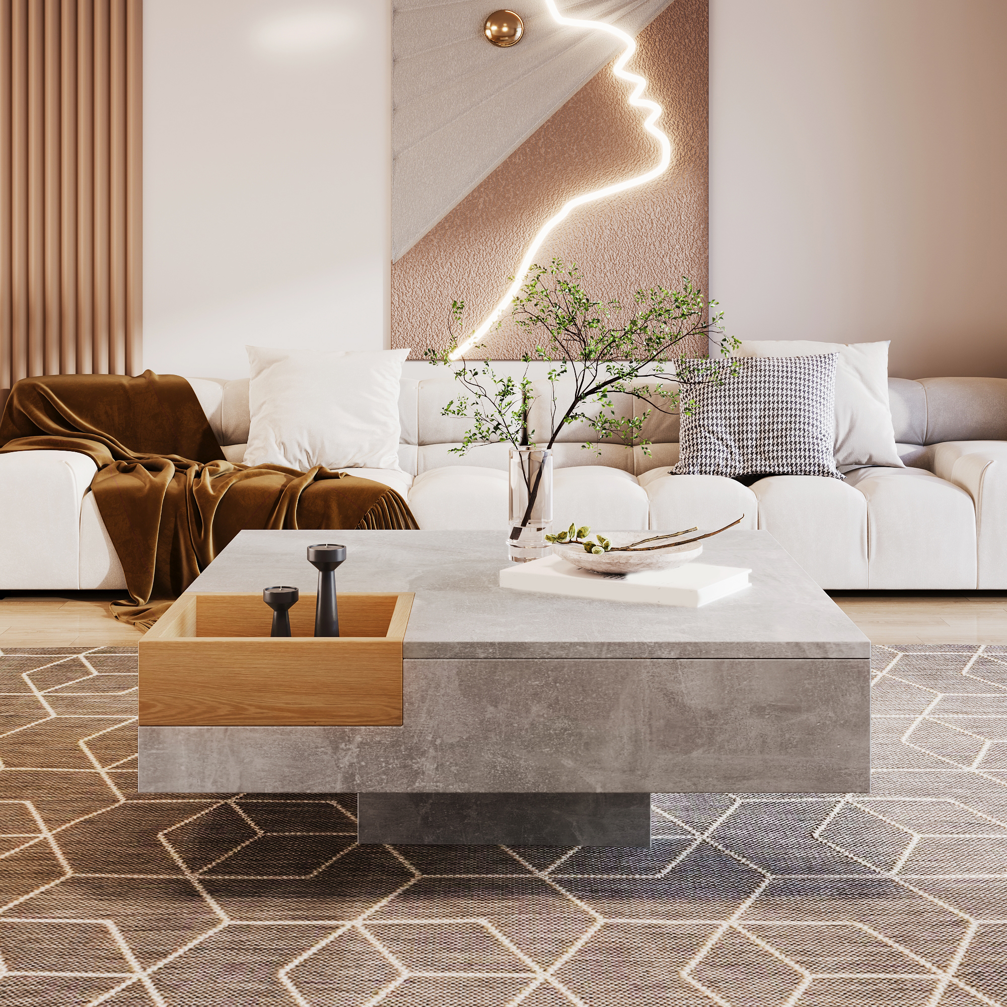 Coffee Table Living Room Table Side Table With Removable Storage Box, Concrete Gray And Wood Color, 72X72X30 Cm