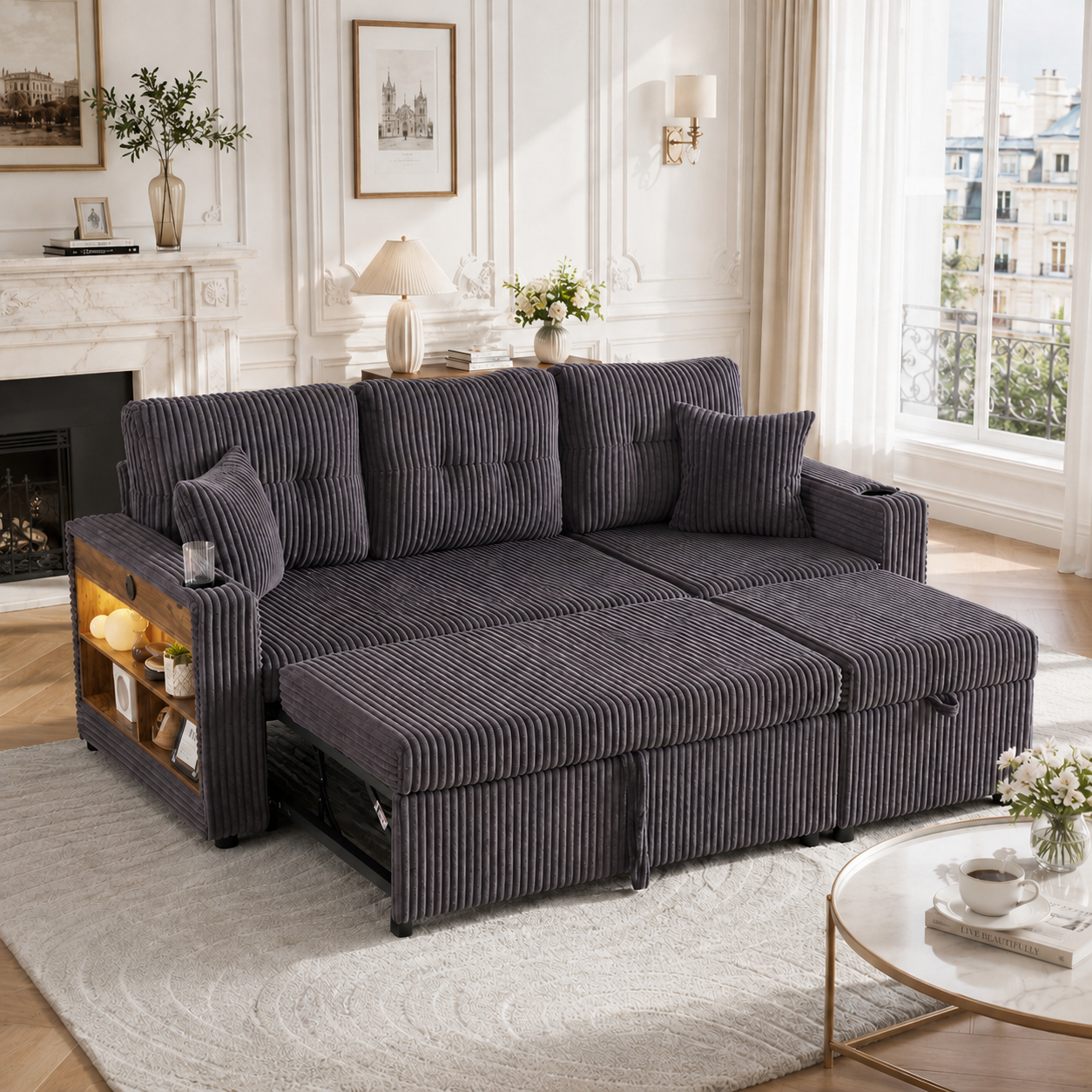 Multifunctional Corduroy Sofa With Storage Space & Pull-out Bed. Incl. USB-C, Ambient Lighting, Cup Holders & Wide Armrests. Creates Cosy Feel-good Areas In Living Rooms And Guest Rooms.