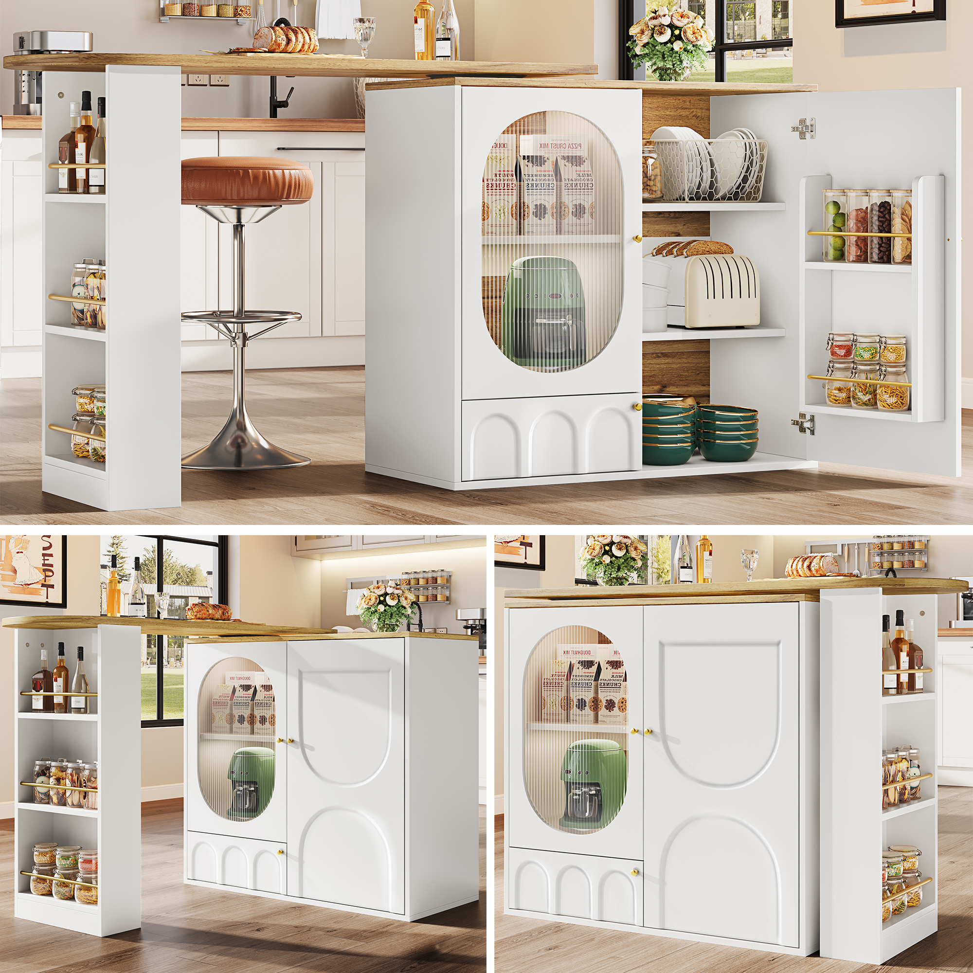 360 Rotatable Bar Table, Bar Table  Body 138 X 39 X 102 Cm , Coffee Bar Furniture, Swivel Dining Counter With Storage Space, Kitchen Island, Three Doors With Door Shelves, Removable Dividers, White
