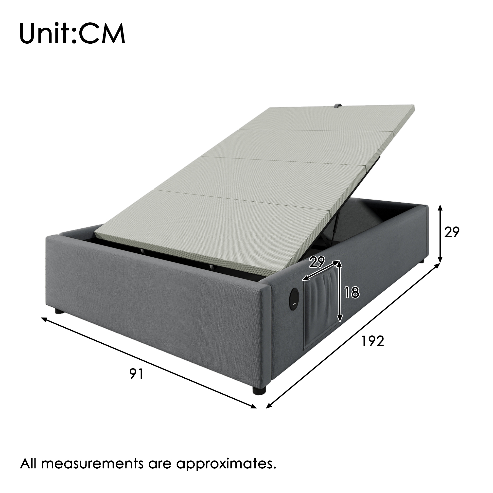 Upholstered Bed Single Bed 90x190 Cm, Struraumbett Bed Frame With USB-C And Full-Surface Slatted Frame, Without Headboard, Cotton, Grey 4