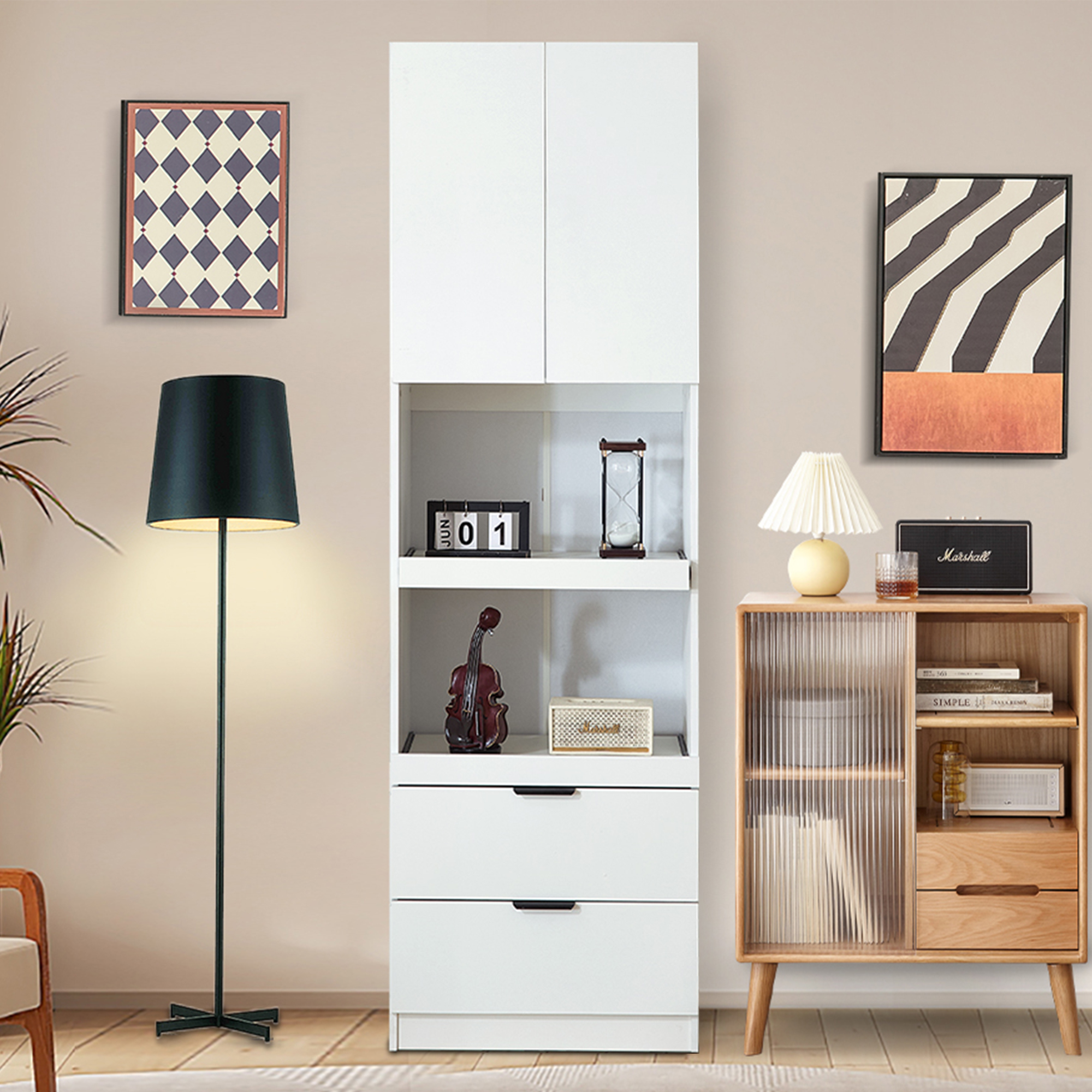 200cm High Kitchen Cabinets, Storage Cabinets, Doors, Drawers, Microwave Shelves, Tall Cabinets With Anti-tilt Protection, Sideboards Freestanding Multifunctional Cabinets For Dining Room, Living Room