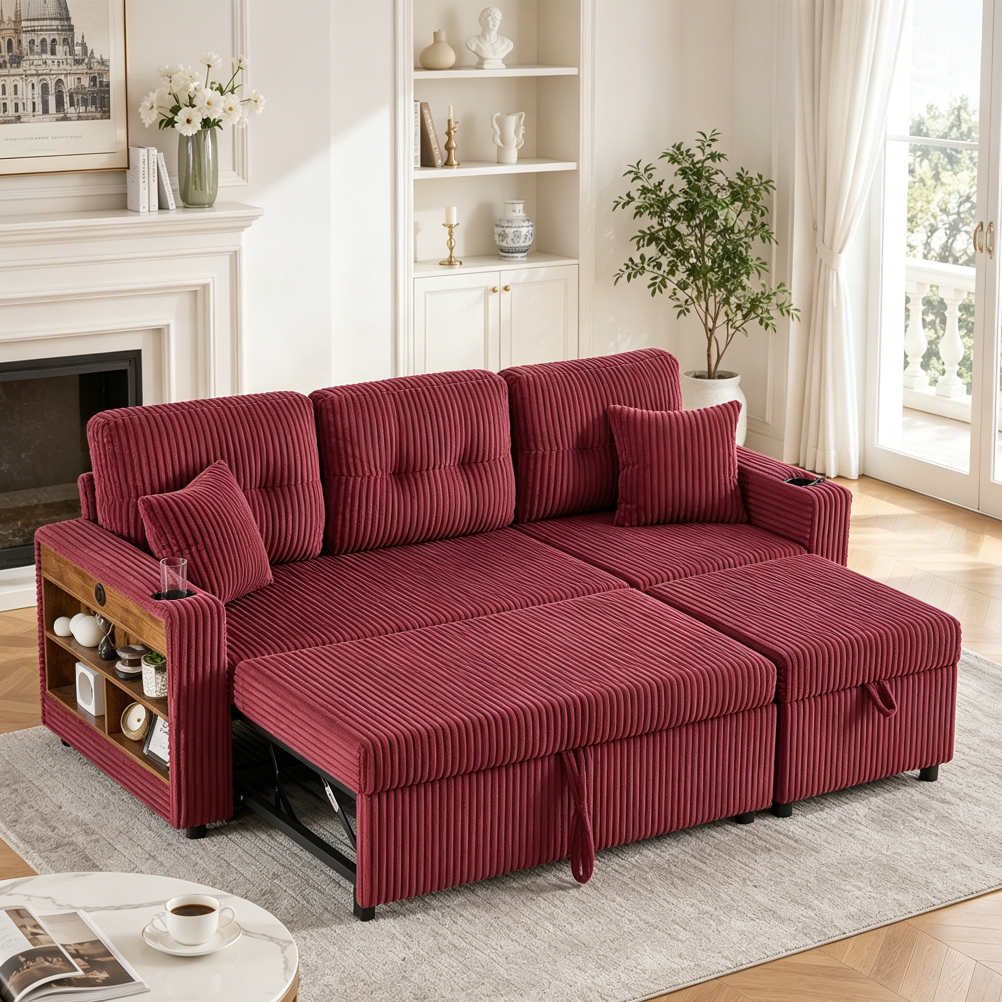 Multifunctional Corduroy Sofa With Storage Space & Pull-out Bed. Incl. USB-C, Ambient Lighting, Cup Holders & Wide Armrests. Creates Cosy Feel-good Areas In Living Rooms And Guest Rooms.