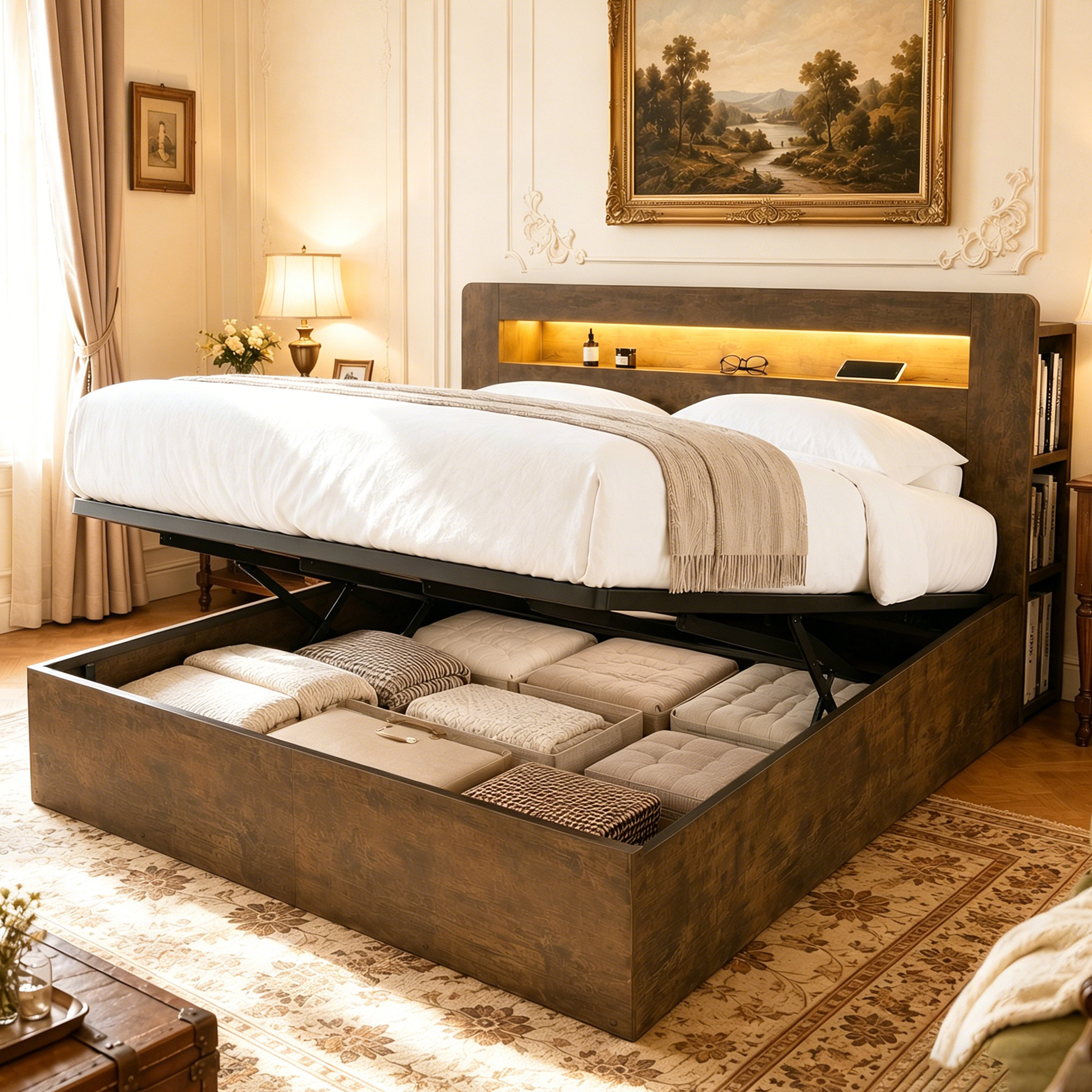 Bed Frame With Wooden Storage, Hydraulic Lifting System, LED Headboard, Integrated Sockets And Storage Compartments, Modern Platform Bed In Vintage Wood 180x200