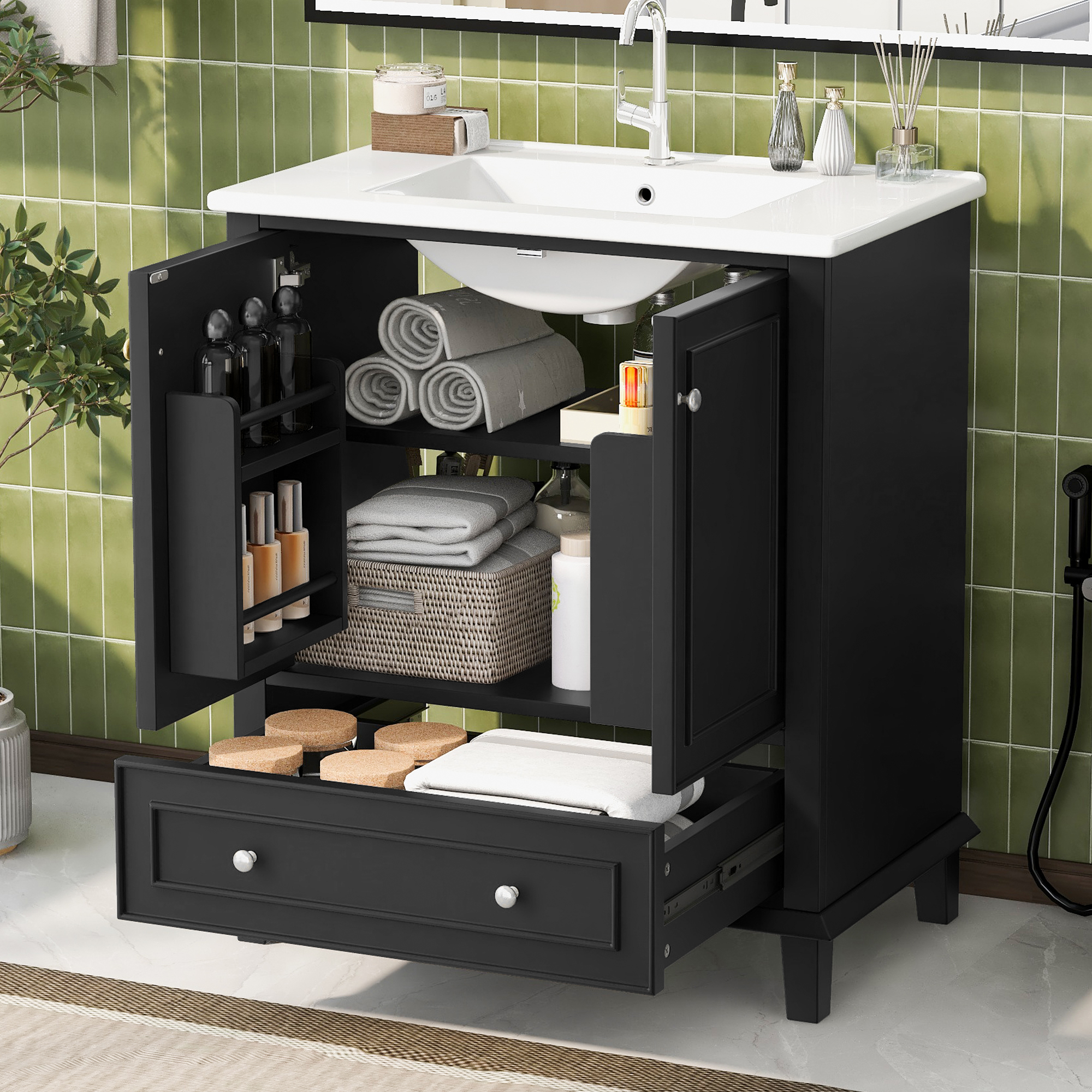 76x46x87cm White Bathroom Cabinet, Solid Wood Legs, MDF Material, Moisture And Waterproof, Large Storage Space, Integrated Ceramic Sink, Easy To Clean