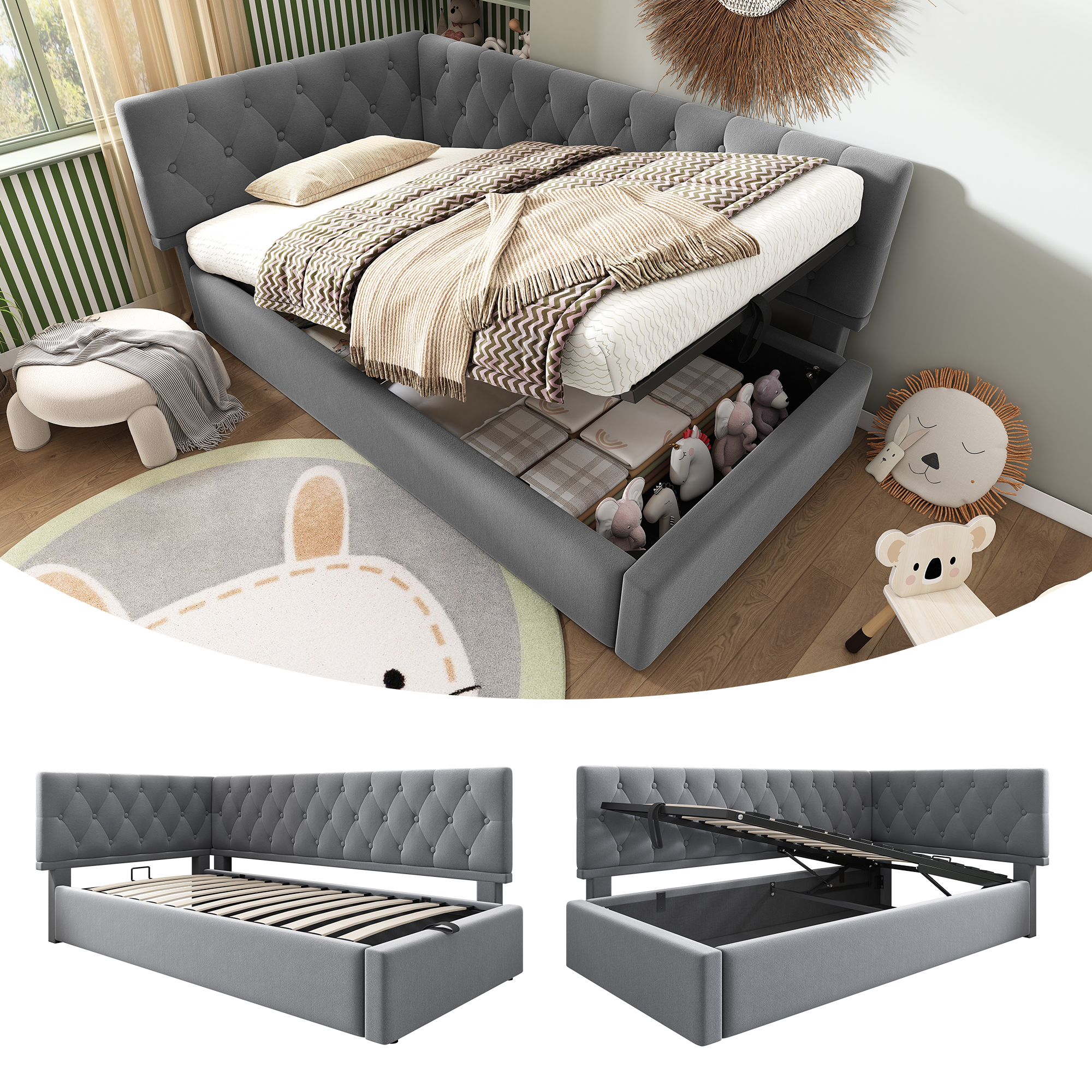 Upholstered Bed Daybed Daybed 90x190cm, Sofa Bed With Hydraulic Storage, Cot Youth Bed Frame With Slatted Base Made Of Wood, Velvet, Grey, Without Mattress.