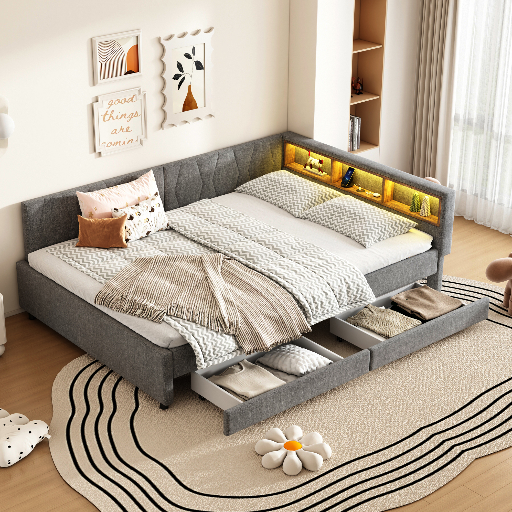 Daybed, 140x200cm, Daybed, Sofa Bed, Bedside Storage Compartment, USB Type-C, With LED Light Strip, Bed With Two Drawers, Bed With Slatted Base  Without Mattress , Linen, Grey