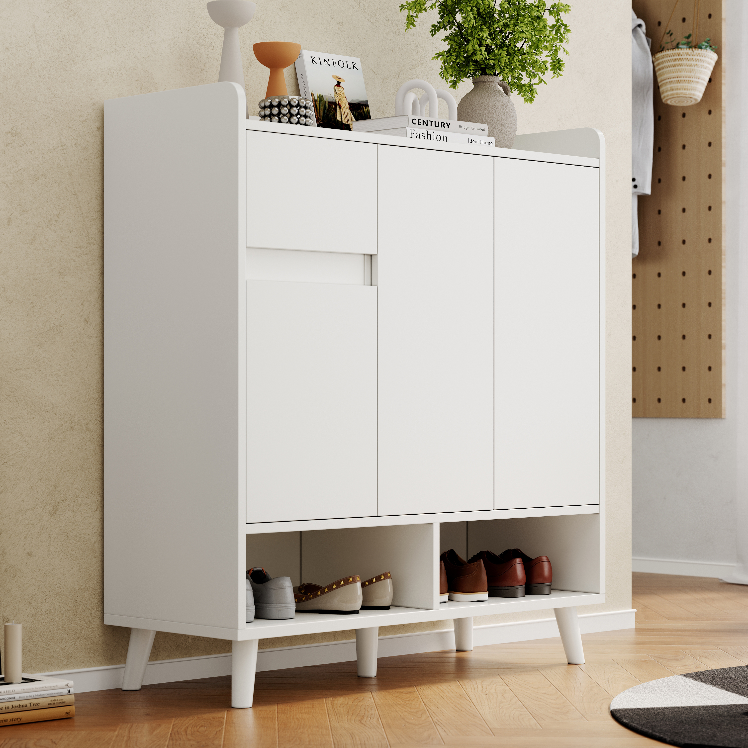 Chest Of Drawers  Sideboard  Shoe Cabinet With Adjustable Shelves - Minimalist Home Organizer With Solid Wood Legs - Dimensions H99 Cm X W90 Cm X D35 