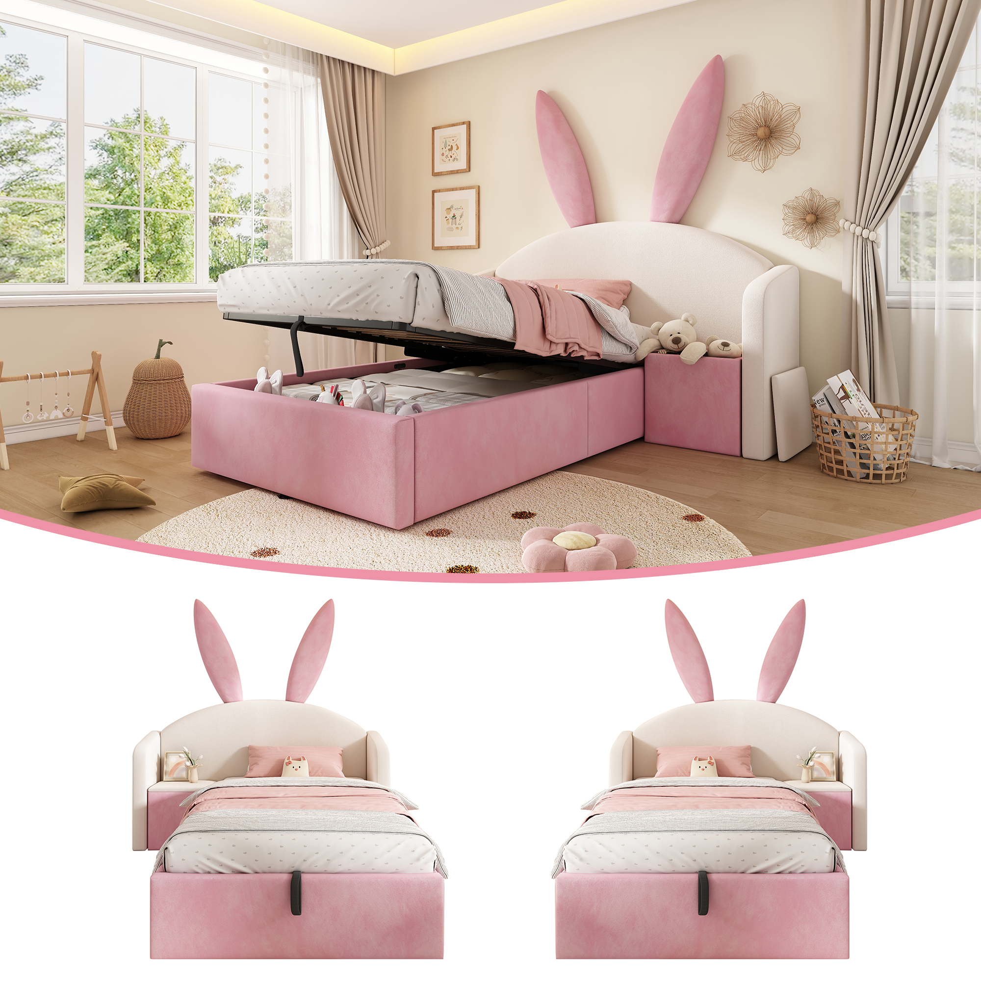 Youth Bed 90x200 Cm Upholstered Bed Hydraulic Storage, Bed With Bedside Table & Bunny Ears Design, Velvet, Beige & Pink  Without Mattress