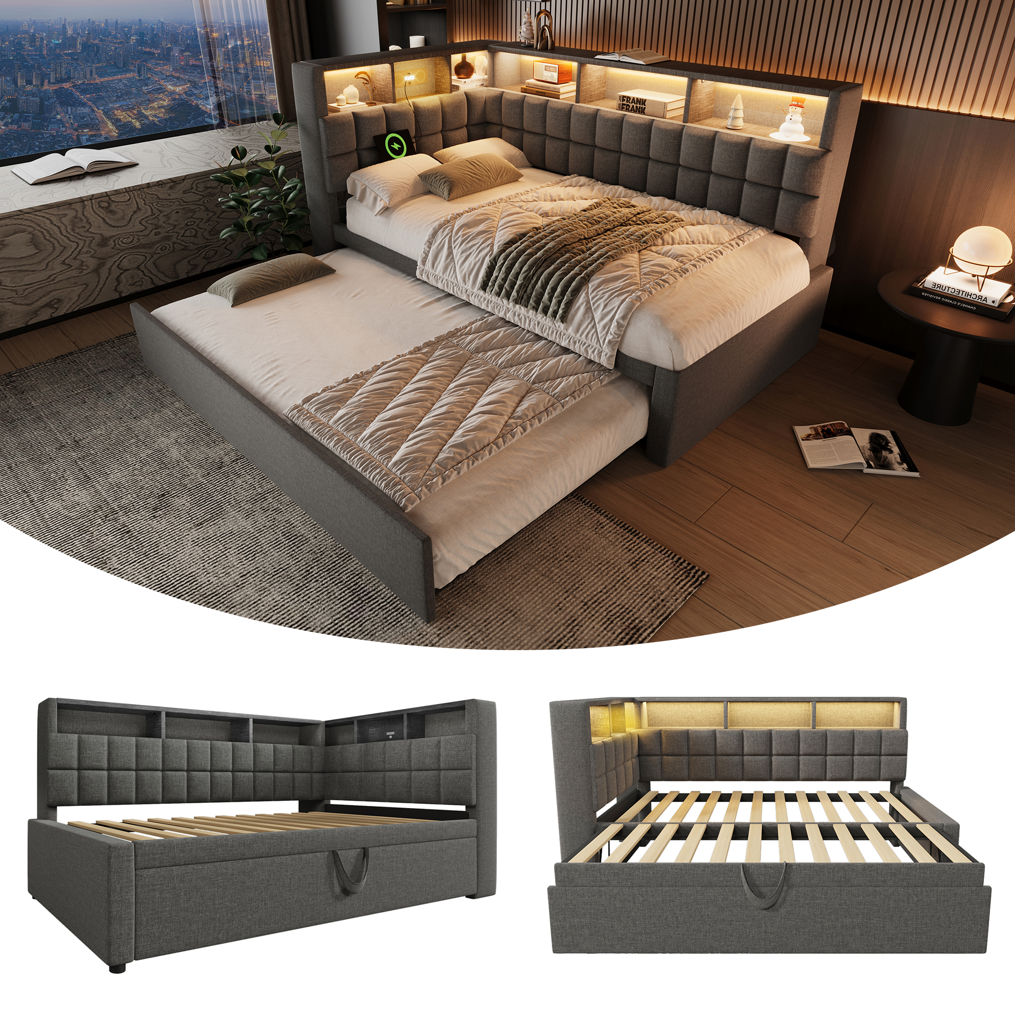 Linen Upholstered Bed 90x200 With Pull-out Bed 90x190, LED, Bluetooth Speaker, USB & Type-C Charging Port, L-headboard With Storage Shelf, Sofa Bed Guest Bed, Grey, Without Mattress