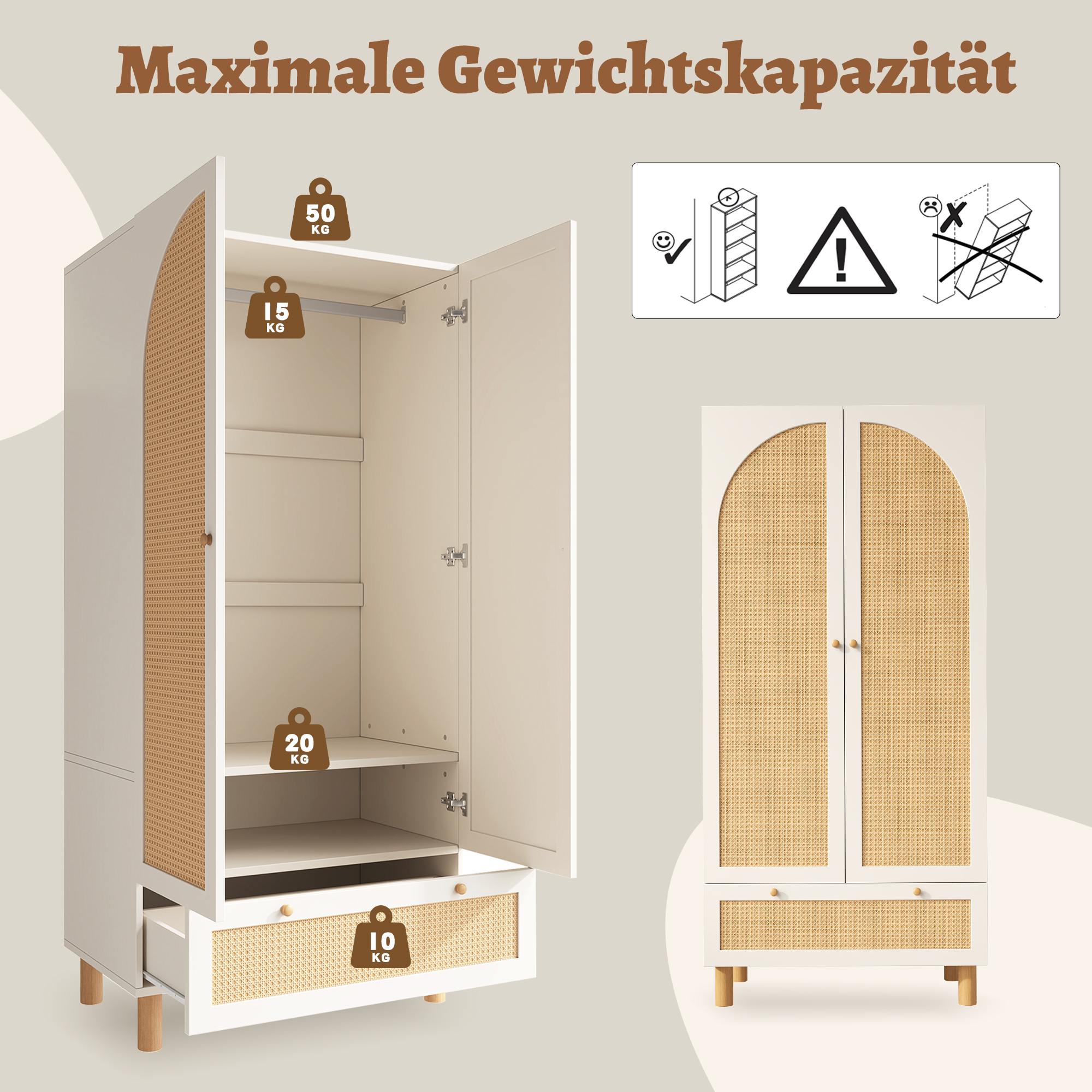 Wardrobe Wardrobe With 2 Doors & Rattan, Country House Style White With Large Drawer, Height-adjustable Shelves & Clothes Rail, Incl. Anti-tilt Device, 180x85x52 Cm H W D