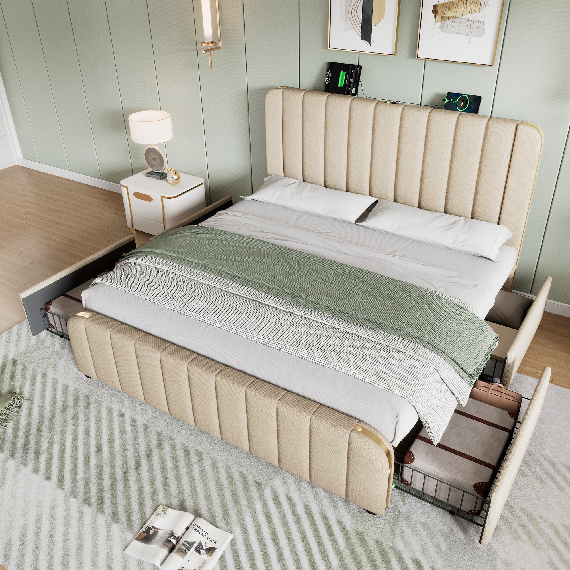 Upholstered Bed Double, Upholstered Headboard With Golden Decorative Stripes And USB Type C Charging Function 160x200 Cm, Beige Linen Material With 4