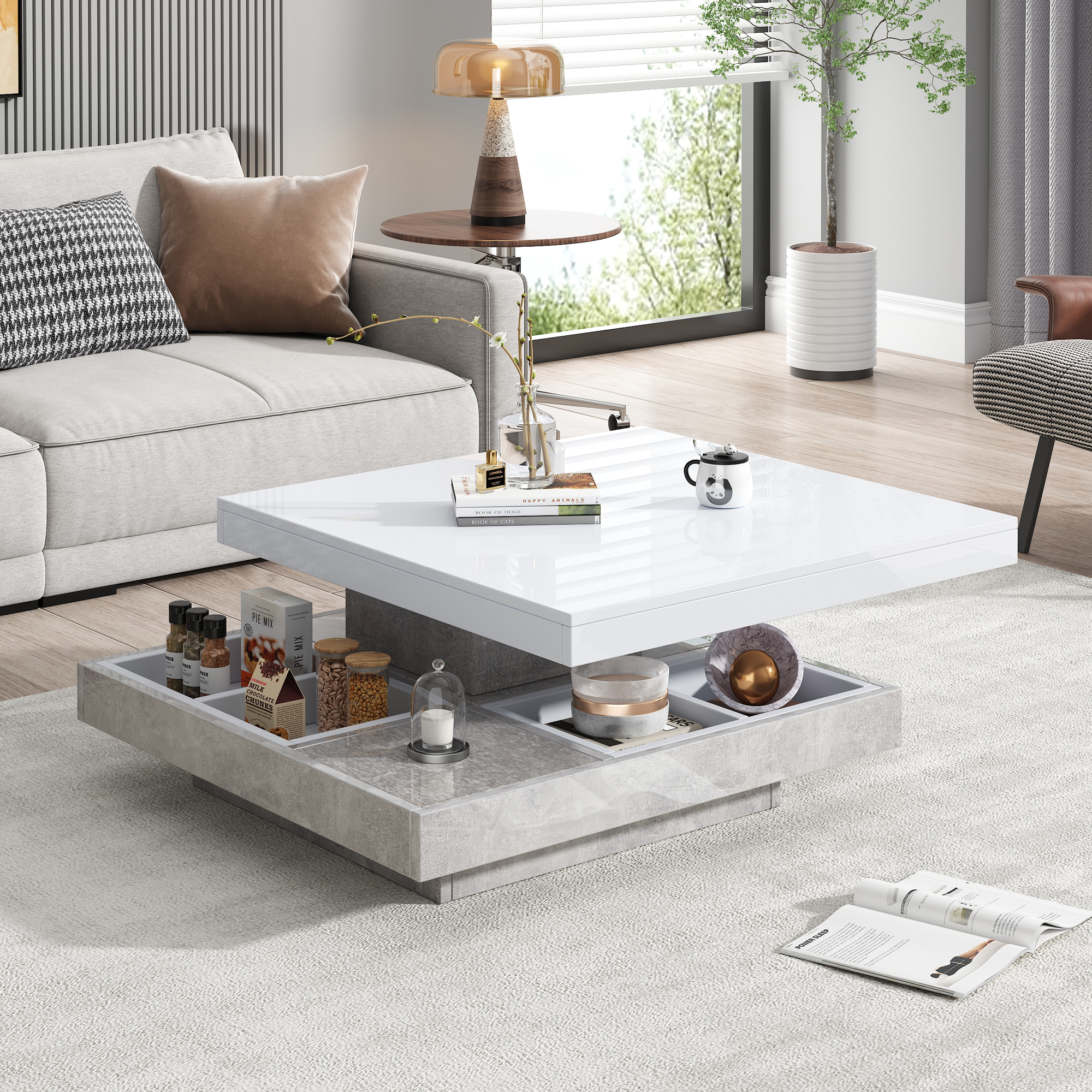 Functional Double Coffee Table With High-gloss Top Table Top Can Be Rotated 360 , Double Swivel Top With Storage Compartment, Living Room Table Top In White, Marble-coloured Chipboard