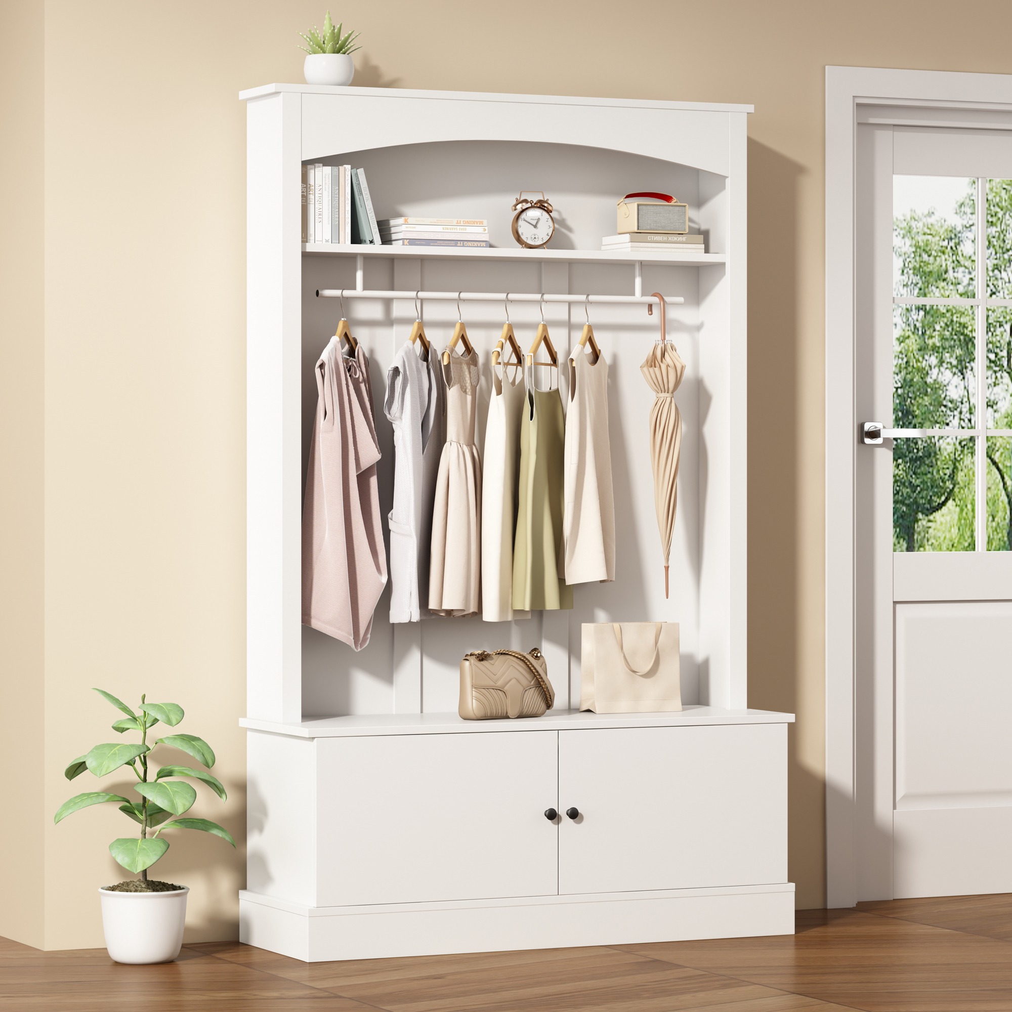 Armoire d'entrée blanche, porte-manteaux avec banc à chaussures, rangement de garde-robe,