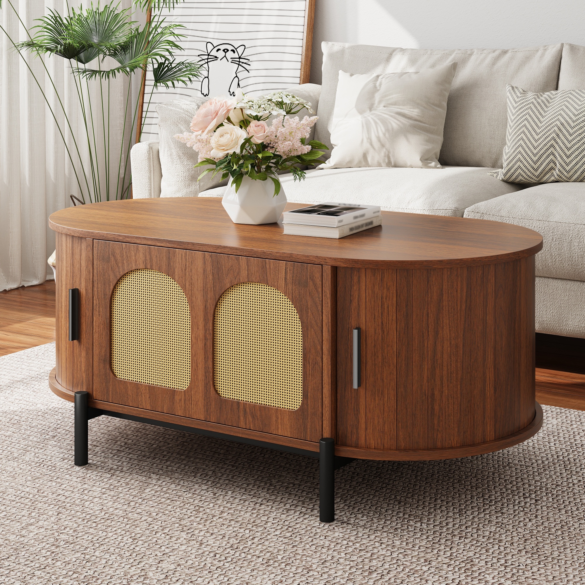 Oval Coffee Table With Rattan, Sliding Doors, Wood Look, Metal Legs, Multifunctional Living Room Table With Storage