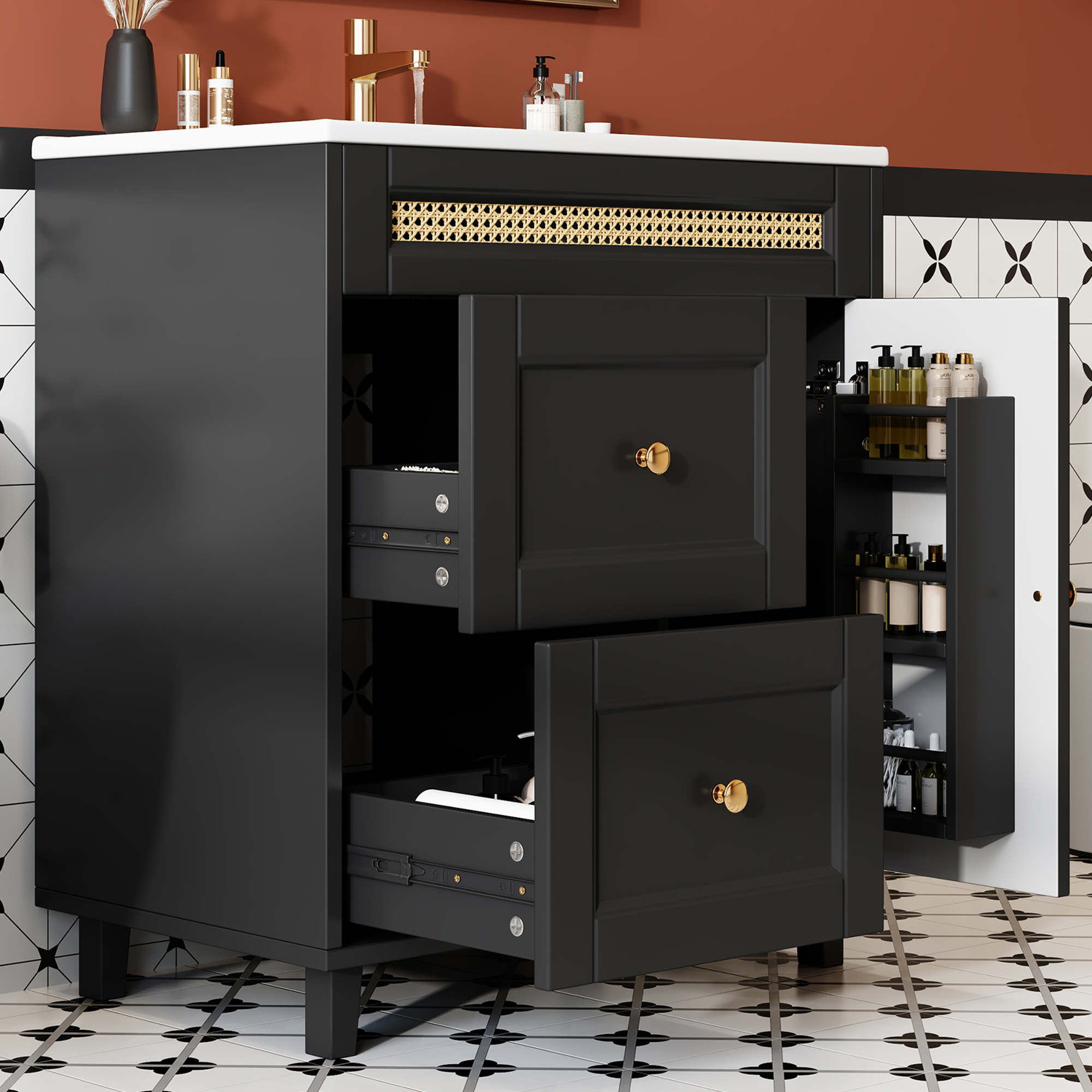 76x46x86.5cm Freestanding Bathroom Vanity, Double Noiseless Drawer Rails, Cabinet Doors With Soft-close Function, Golden Handles And Rattan Decoration