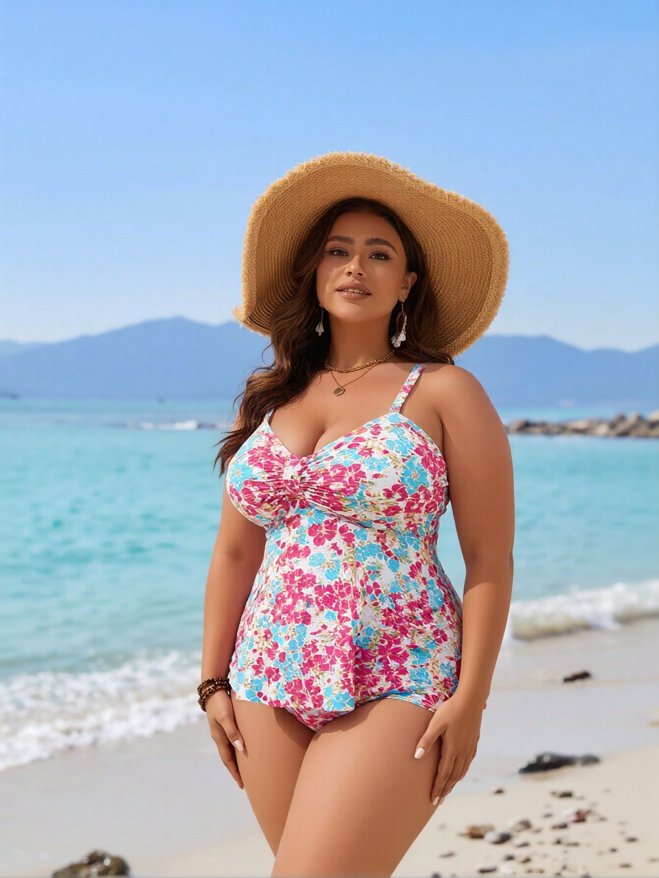 2026 New Plus Size Women's Sexy Fashion Colorful Floral Twist One-Piece Boyleg Swimsuit For Vacation & Leisure