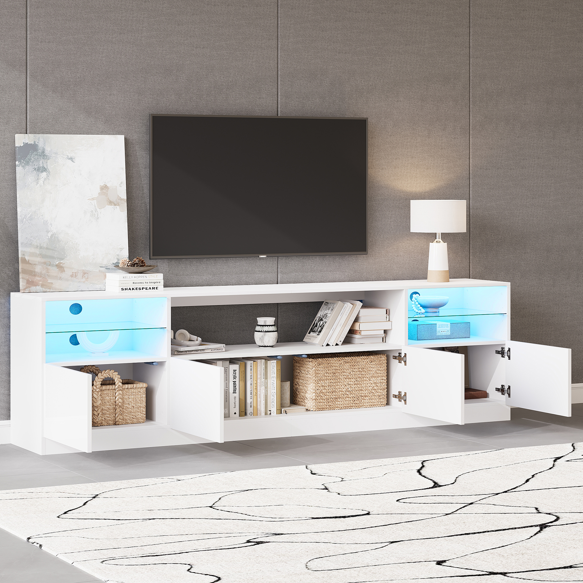 TV Cabinet With LED Lighting, Open Cabinet, 4 Hinged Doors, 8 Storage Spaces, White High-gloss Cabinet, TV Stand For TVs Up To 75 Inches, TV Lowboard For Living Room, Dining Room, 180 X 35 X 60 Cm