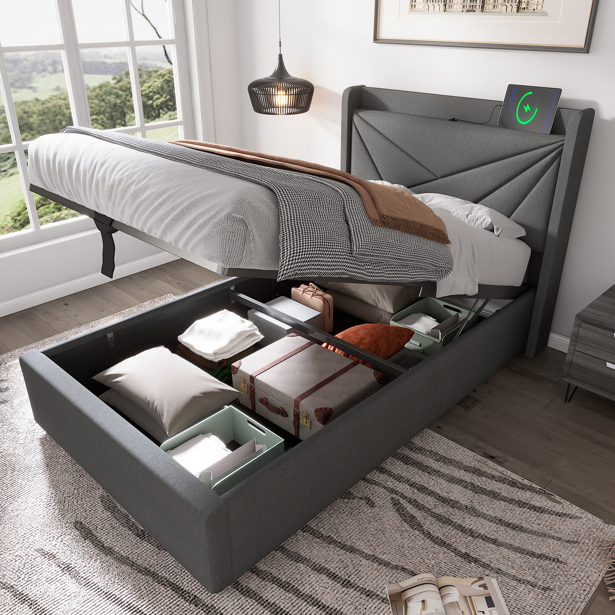 Upholstered Bed Single Bed Storage Bed Box With USB Type C Charging Function Headboard,Storage Beds Bed Frame Made Of Linen Material Youth Bed 90x200 With Slatted Base  Without Mattress
