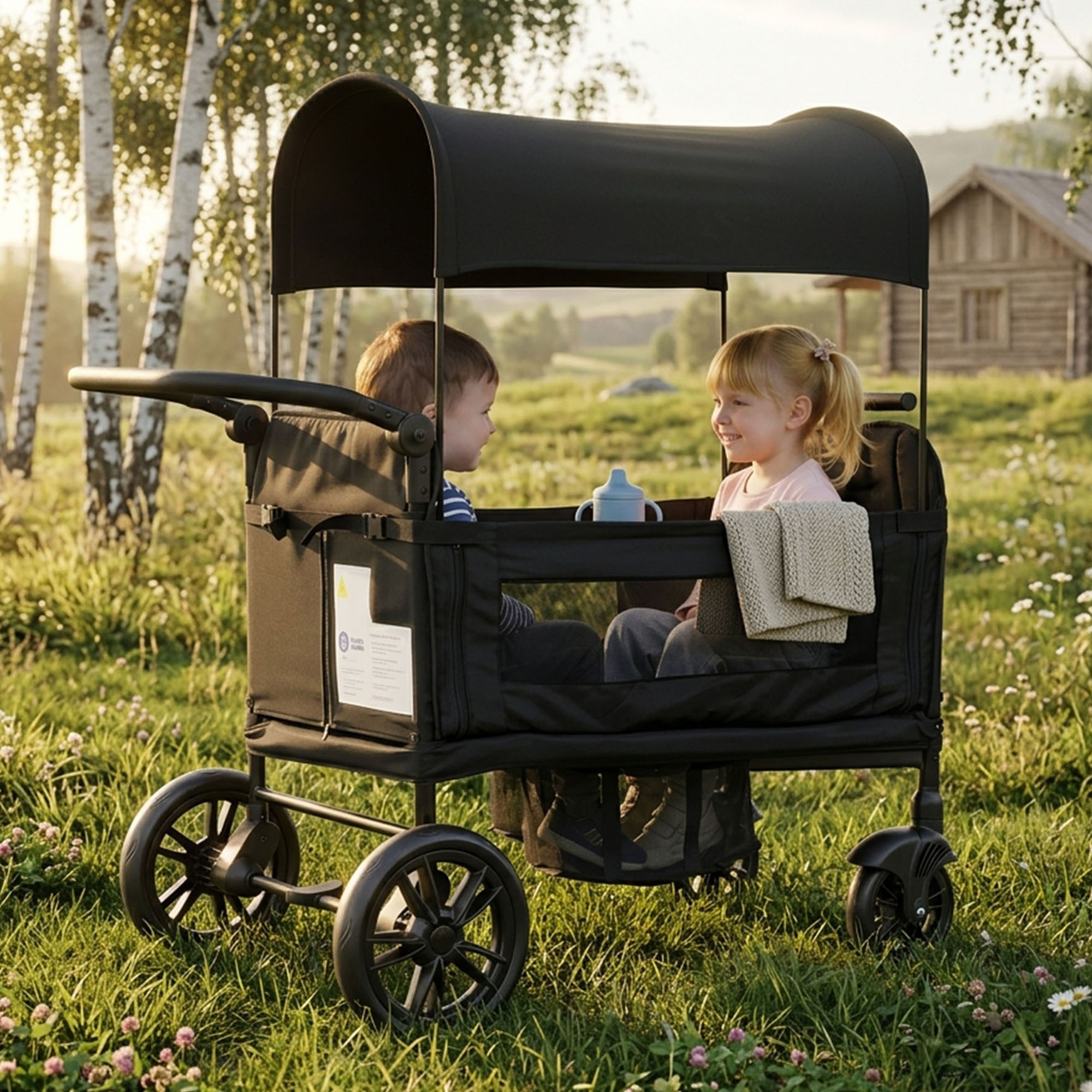Handcart For Children To Sit On, Handcart Foldable Stroller For 2 Children, Black, 8-way Adjustable Padded Handle, Sun Canopy & Tray, 5-point Safety Belt, Compact Foldable