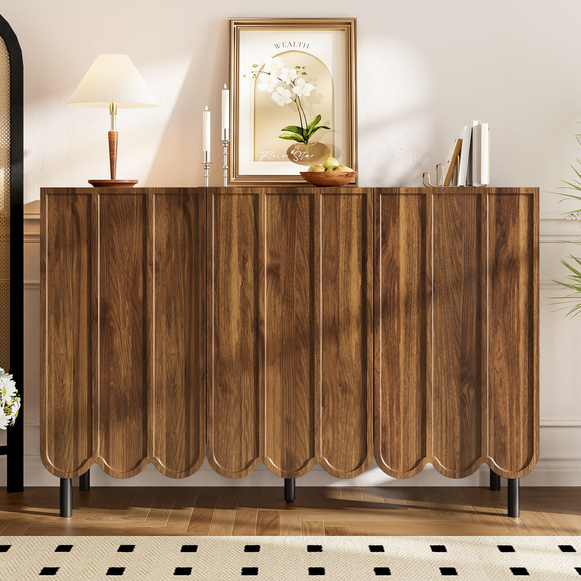 Modern Wood-colored Sideboard With Wave Doors 120x35x80 Cm  Handleless, Adjustable Shelves  Storage Space For Living Room, Hallway & Dining Room