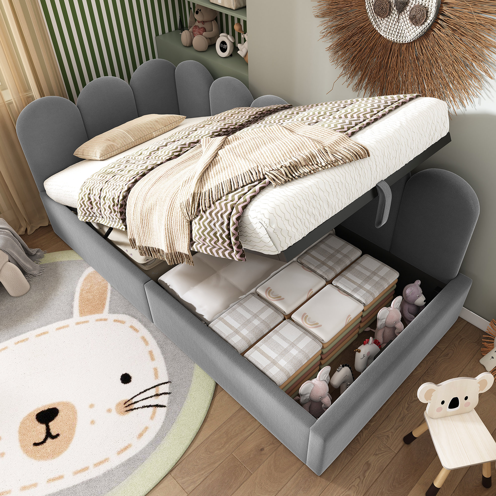 Upholstered Bed Daybed 90x200 Cm,Daybed Sofa Bed With Hydraulic Storage, Children's Bed With Metal Slatted Base, Velvet,Grey, Without Mattress