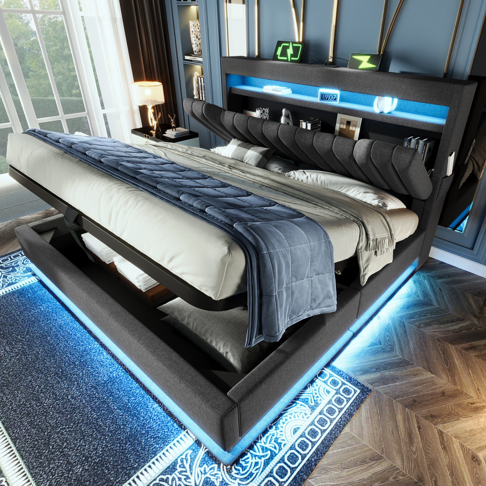 140x190cm Upholstered Bed Double Bed, Storage Headboard With USB And Type-C Ports, LED Lighting At The Head And Foot Of The Bed, With Hydraulic Storage, Grey, Linen.  Without Mattress