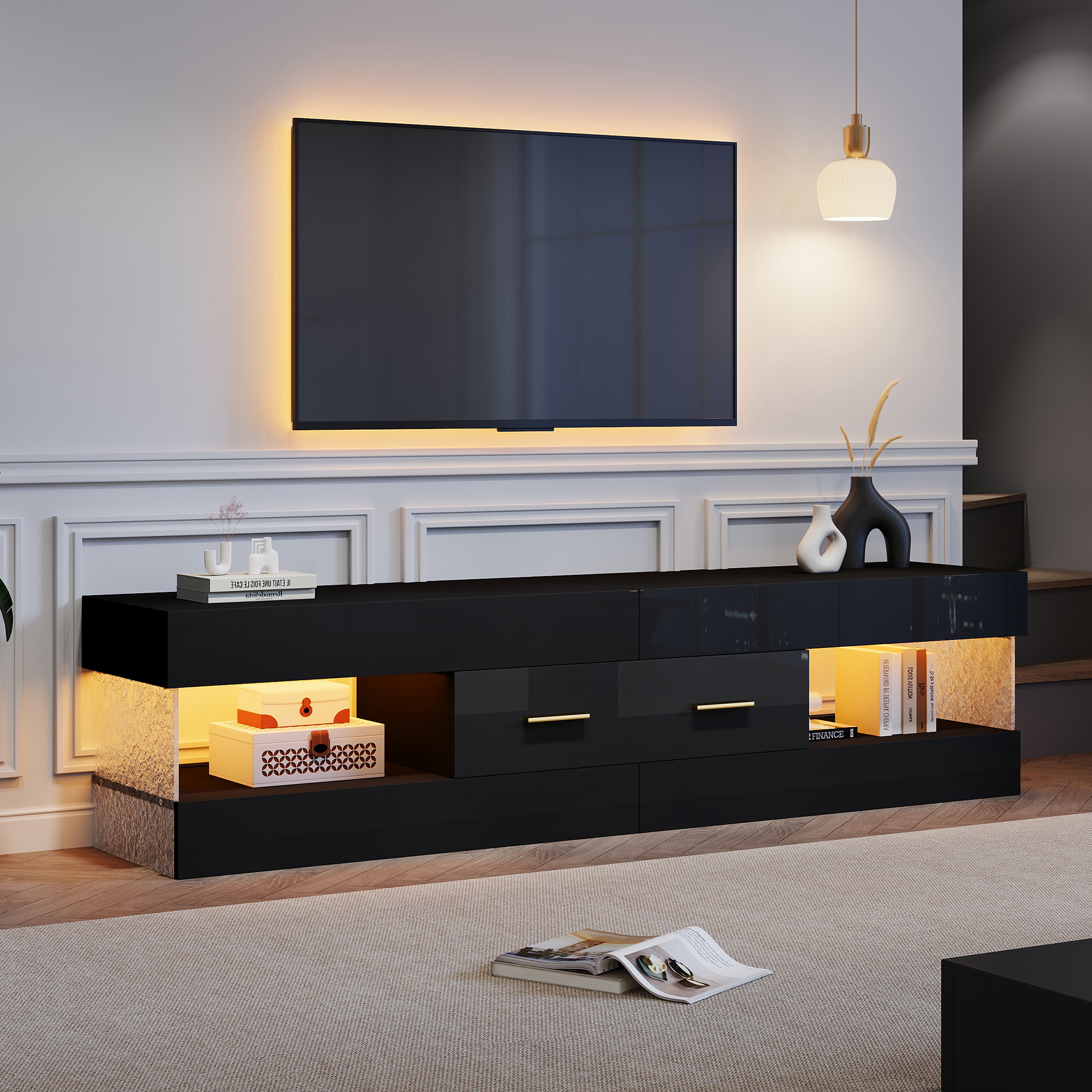 TV Cabinet With LED,TV Stand For Living Room,tv Cabinet With Open Storage And Drawers,Lowboard Black With Acrylic Glass Top,152x35x40cm
